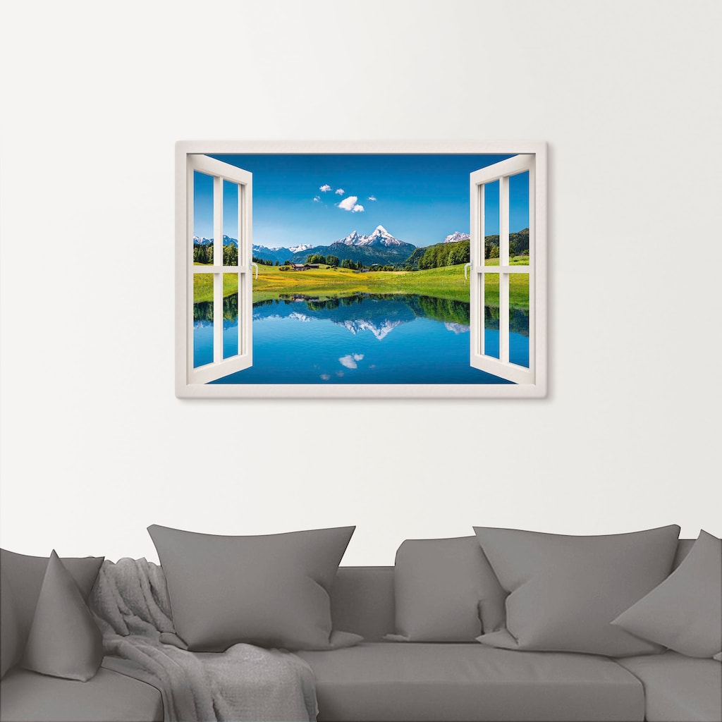 Artland Wandbild »Fensterblick Alpen und Bergsee«, Berge, (1 St.), als Leinwandbild, Poster, Wandaufkleber in verschied. Größen