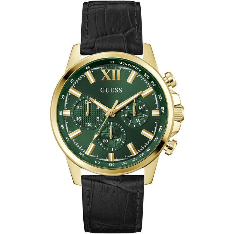 GUESS Multifunktionsuhr »WALKER« Quarzuhr, Armbanduhr, Herrenuhr, Datum, Wochentag, Lederarmband schwarz-grün Exquisite Multifunktionsuhr für Herren