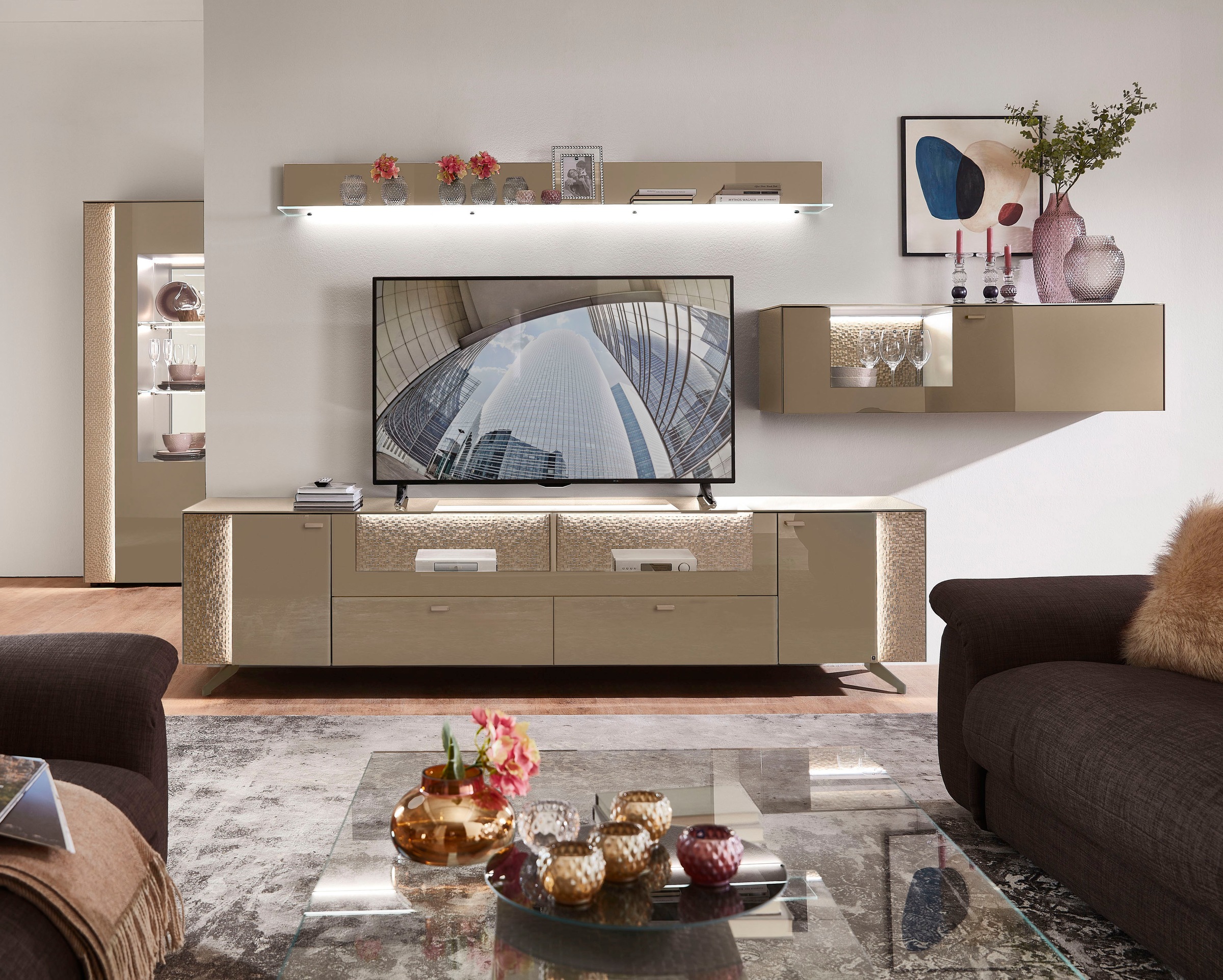 LEONARDO Lowboard »AUREA« mit Pailletten-Akzent, wahlweise mit Beleuchtung Lack palazzo/Paillette palazzo