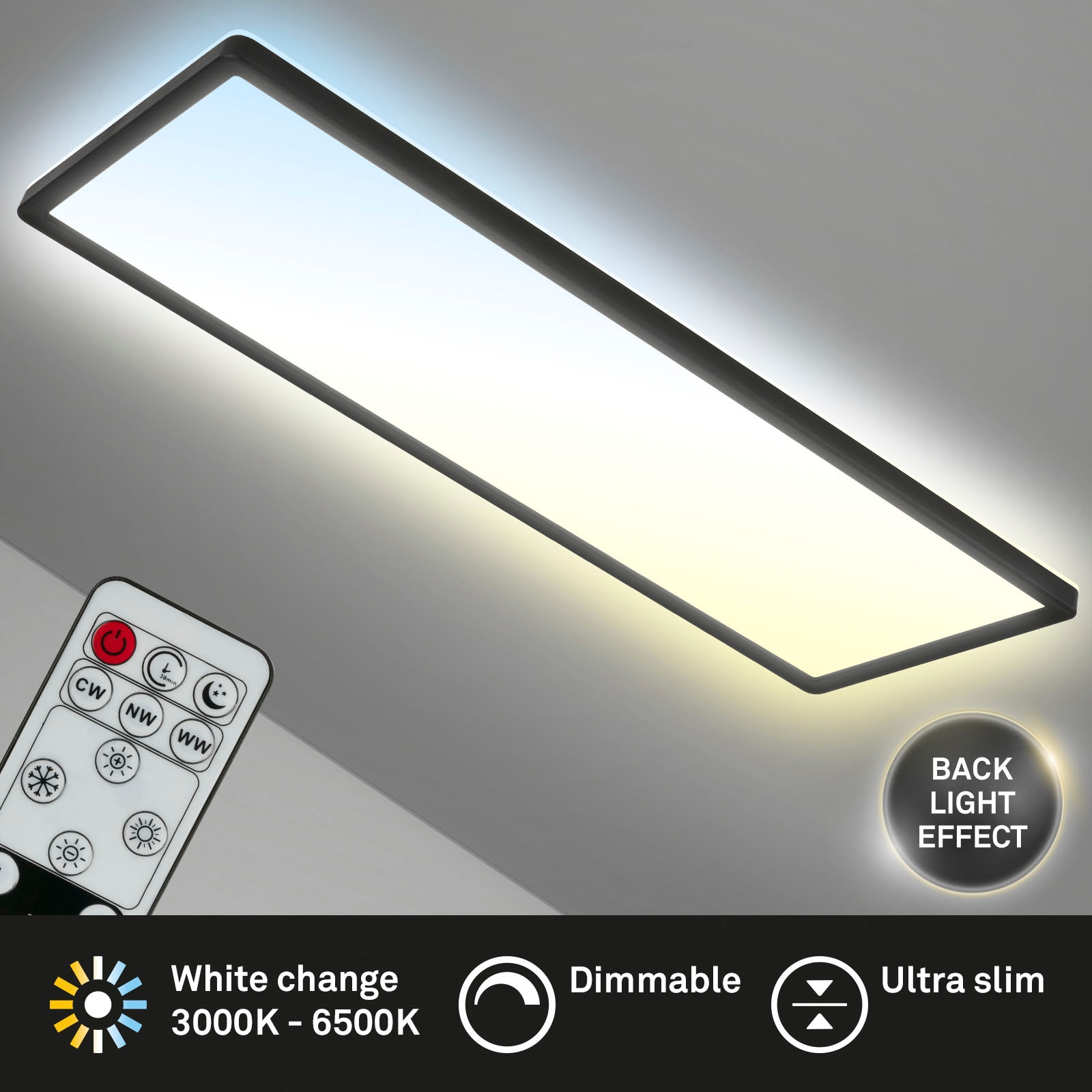 Briloner Leuchten LED Panel »7403015 SLIM«, Leuchtmittel LED-Board | LED fest integriert, Deckenlampe, 58x20x3cm, Schwarz, 23W, Wohnzimmer, Schlafzimmer, Küche
