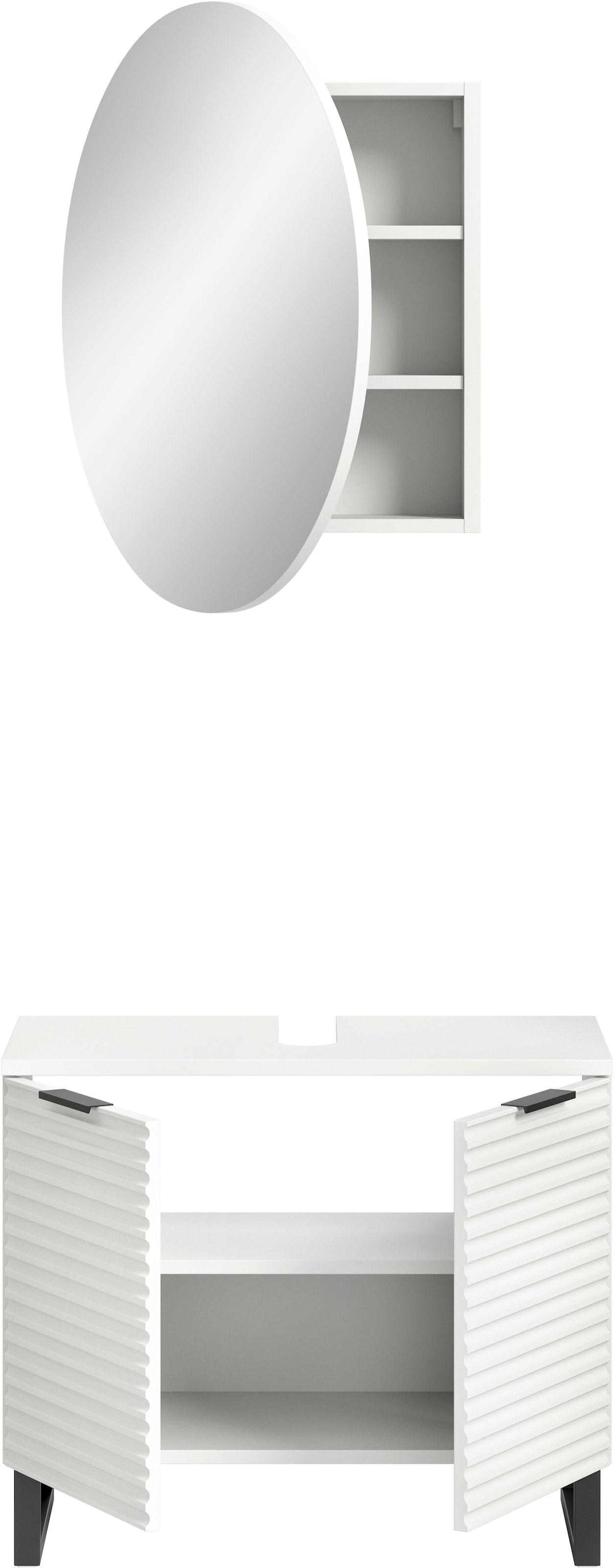 welltime Badmöbel-Set »Litica, Breite 70 cm, hochwertige Rillenfräsung, Metallkufen«, (2 St.), best. aus.: Waschbeckenunterschrank, Spiegelschrank