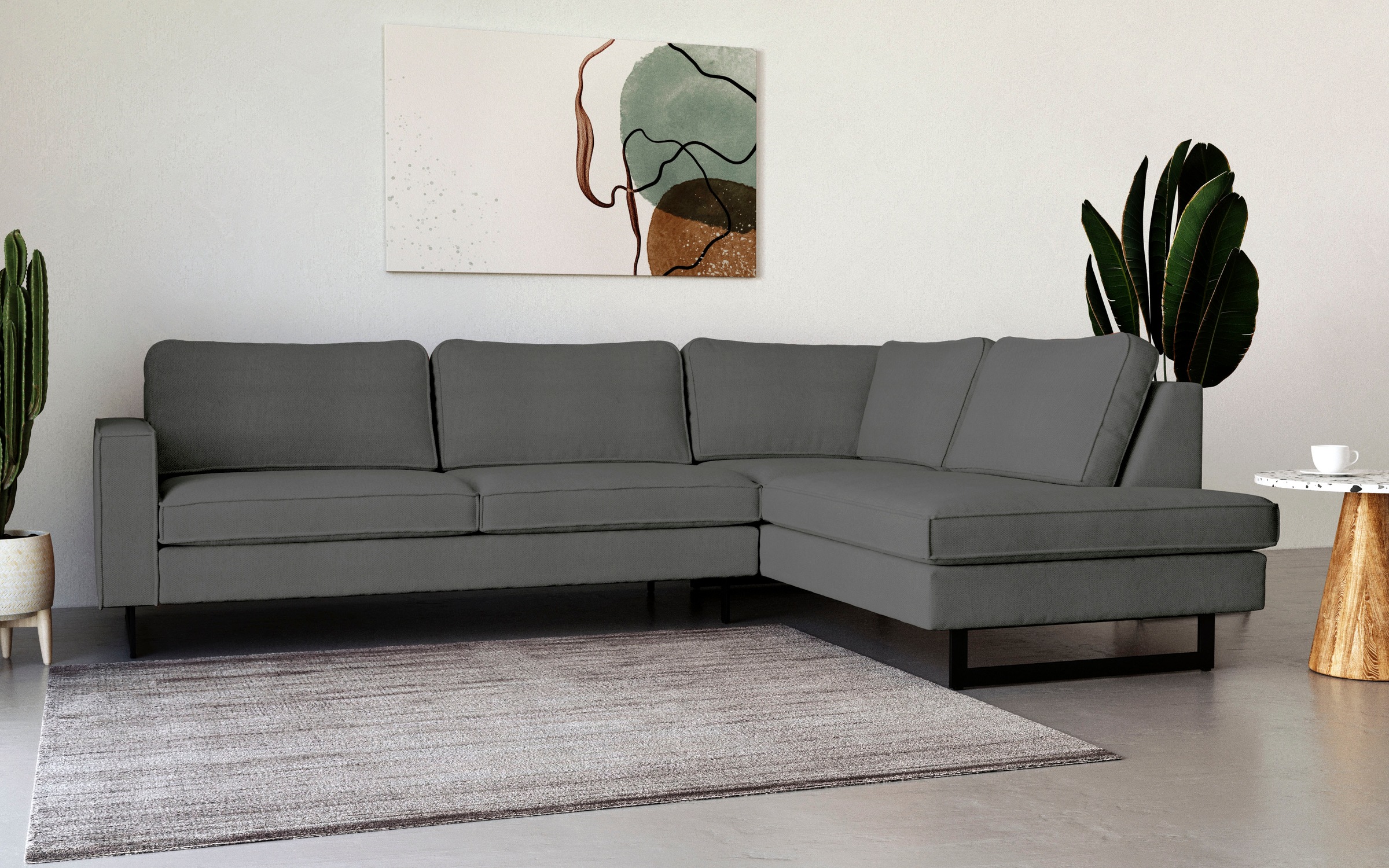 Places of Style Ecksofa »Pinto, 290 cm, Cord, Chenille, Lederoptik, Ottomane links / rechts«, mit Keder, schwarze Metallfüße, Wellenunterfederung