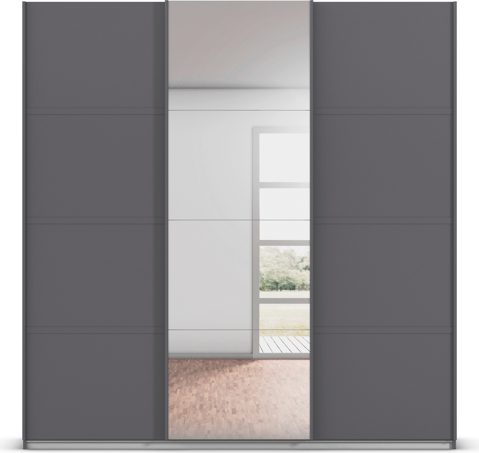 rauch Kleiderschrank »Schwebetürenschrank Garderobe Schrank TOP ANGEBOT Avola«, (in 3 verschiedenen Ausstattungen BASIC/CLASSIC/PREMIUM inkl. Spiegel), mit eleganten Zierleisten in Chrom, Schwarz oder Weiß MADE IN GERMANY