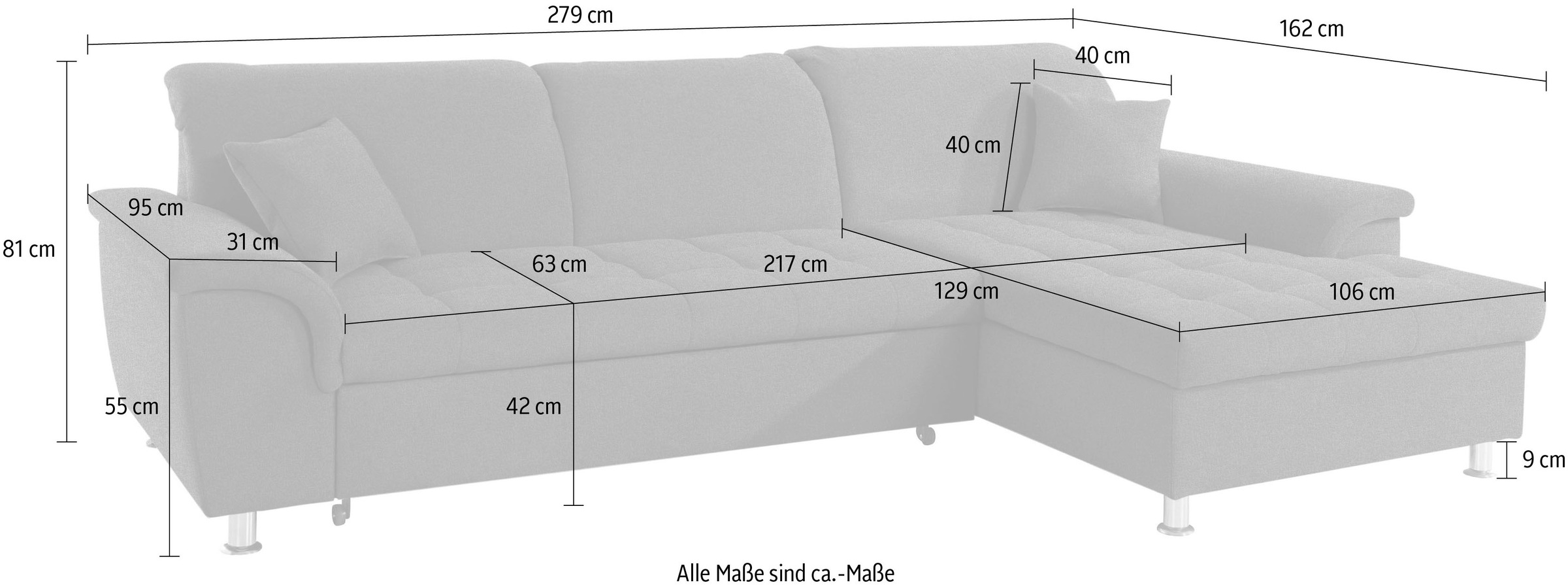 DOMO collection Ecksofa »Franzi, zeitlos und elegant, moderne Sitzheftung, L-Form« wahlweise mit Kopfteilverstellung (dann Tiefe: 170 cm)
