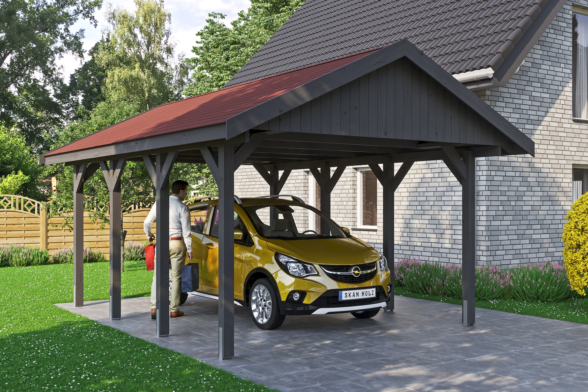 Skanholz Einzelcarport »Wallgau«, Nadelholz, 340 cm, Schiefergrau, mit roten Dachschindeln