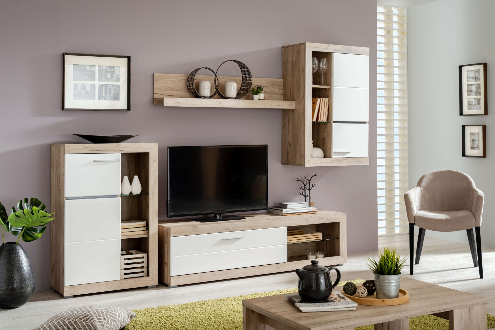 INOSIGN Wohnzimmer-Set »Rosso Wohnwand, Mediawand, Anbauwand, für TV bis 60', Breite 267 cm«, (Komplett-Set, 4 St., 4-st), Set besteht aus Highboard, TV-board, Wandregal und Hängeschrank