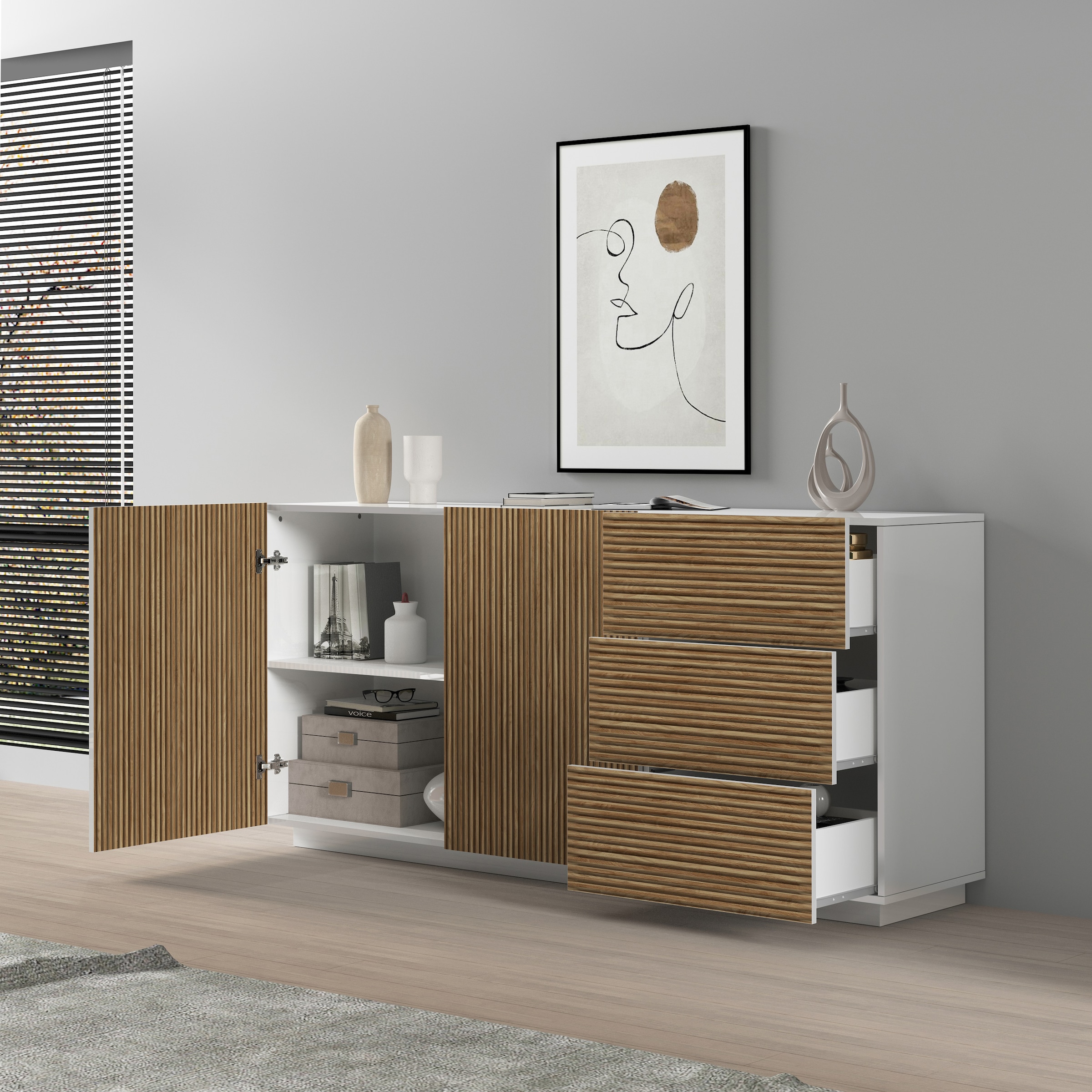 INOSIGN Sideboard »Vega Sideboard,Kommode,180 cm«, mit 2 Türen und 3 Schubladen,Fronten mit Rillen-Optik