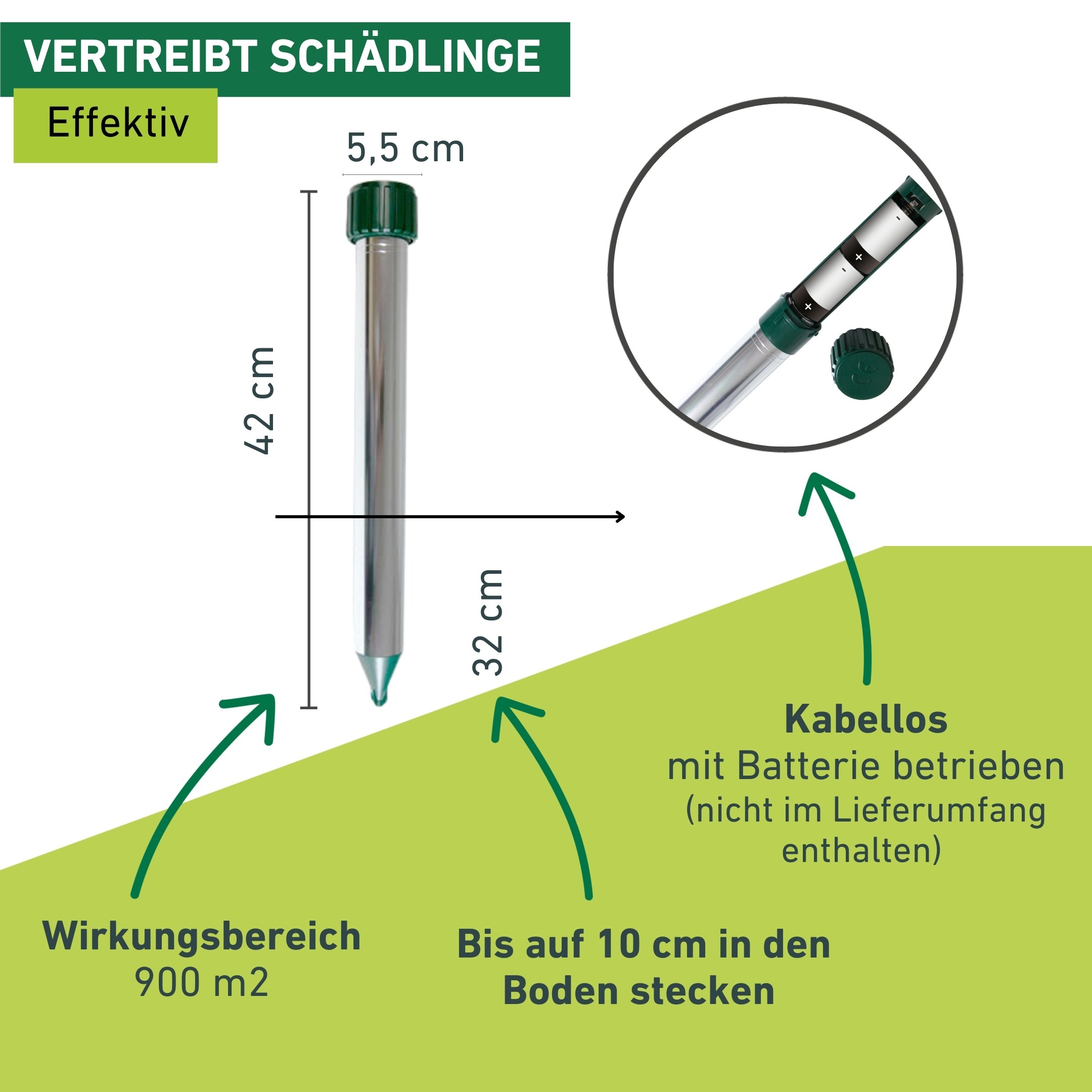 Windhager Ultraschall-Tierabwehr »Maulfwurfschreck und Wühlmausvertreiber Premium, batteriebetrieben« Wirkungsbereich 900 m² mit Resonanzschwingungen und Ultraschall