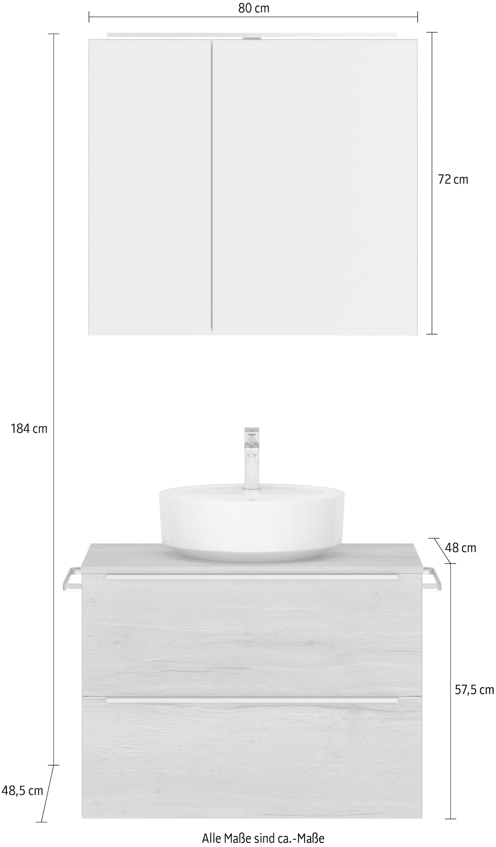 nobilia® Badmöbel-Set »Alvene«, (2 St., vormontiert, mit Soft-Close), inkl. Spiegelschrank mit Beleuchtung und Dimmerfunktion, in 4 Breiten