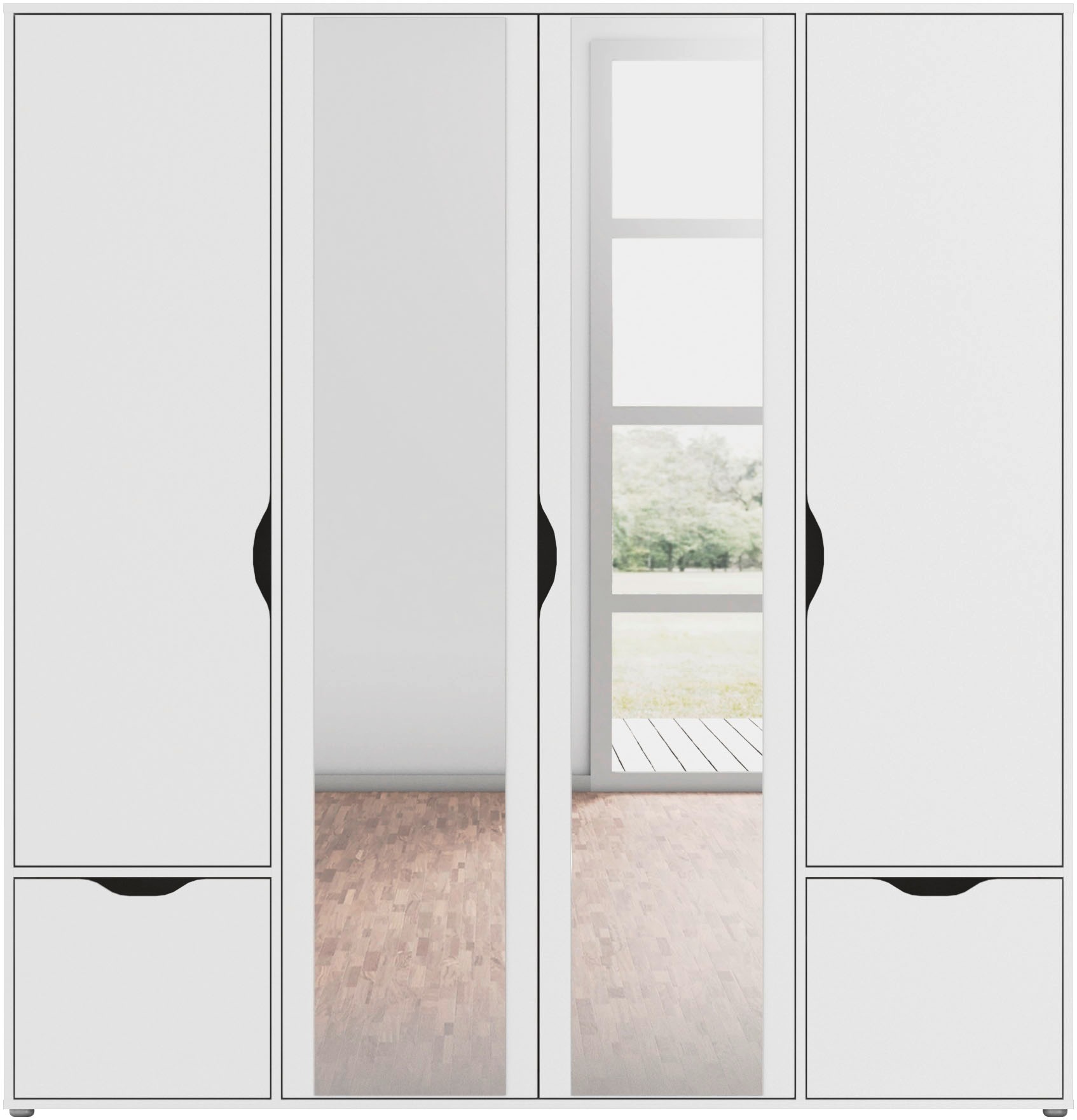 rauch Drehtürenschrank »Kleiderschrank Schrank Garderobe Wäscheschrank NARAI mit Schubladen«, (in 3 verschiedenen Ausstattungen BASIC/CLASSIC/PREMIUM), Griffausfräsungen für eine grifflose Optik TOPSELLER MADE IN GERMANY