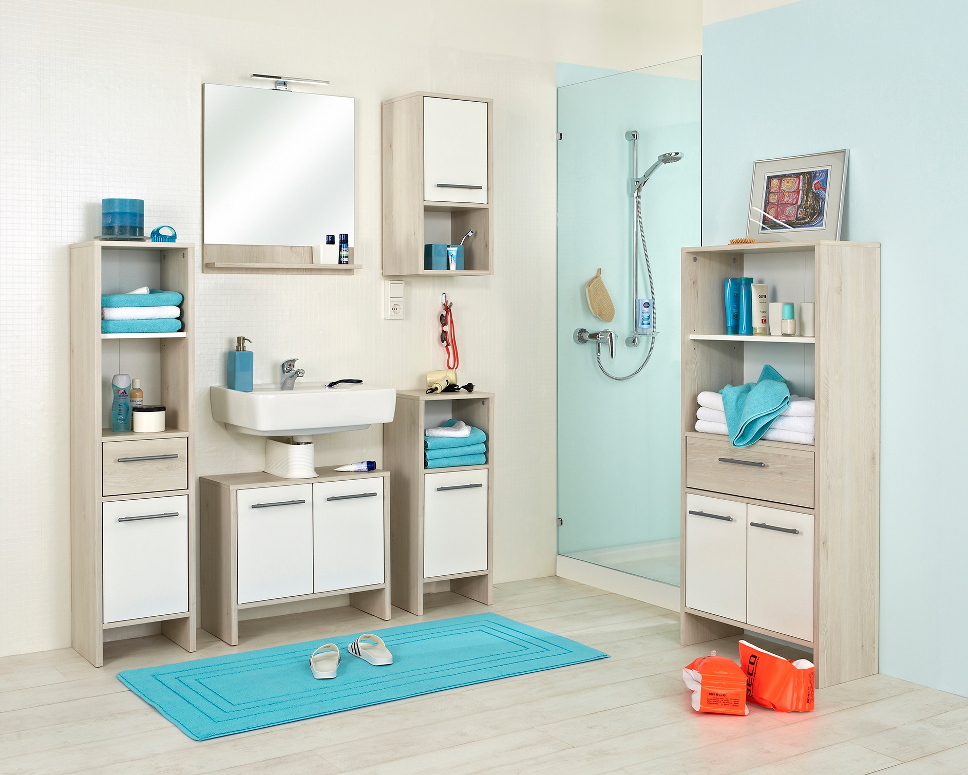 Saphir Midischrank »Quickset 350 Badschrank 62 cm breit, 2 Türen, 1 Schublade, 2 Fächer« 1 Stk. tlg. Badezimmer-Midischrank Pinie Ida hell, Griffe alufarbig