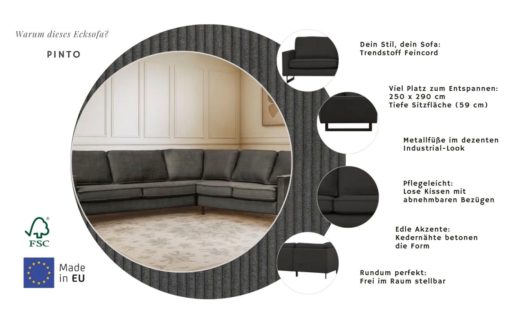 Home affaire Ecksofa »Pinto, XXL, 250/290 cm, langer Schenkel, Ottomane« Cord, Chenille, Lederoptik, mit Keder, Metallfüße, Wellenunterfederung