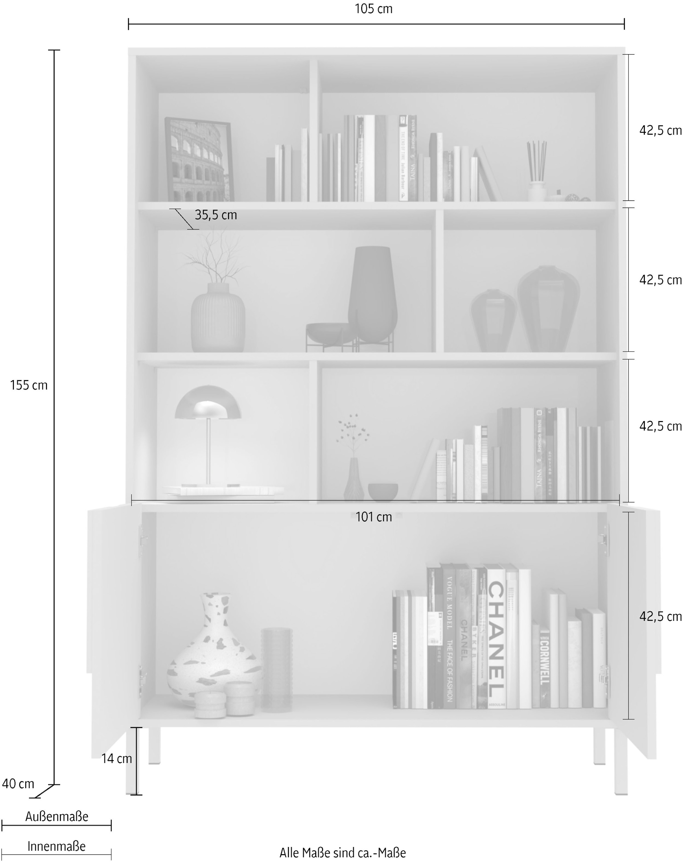 INOSIGN Highboard »Stone, H 155/141, B 105 cm, 2 Türen, 6 offene Fächer, Regal-Schrank« 3D-Design, Push-to-open, Stauraum dekorativ & praktisch, Füße wählbar