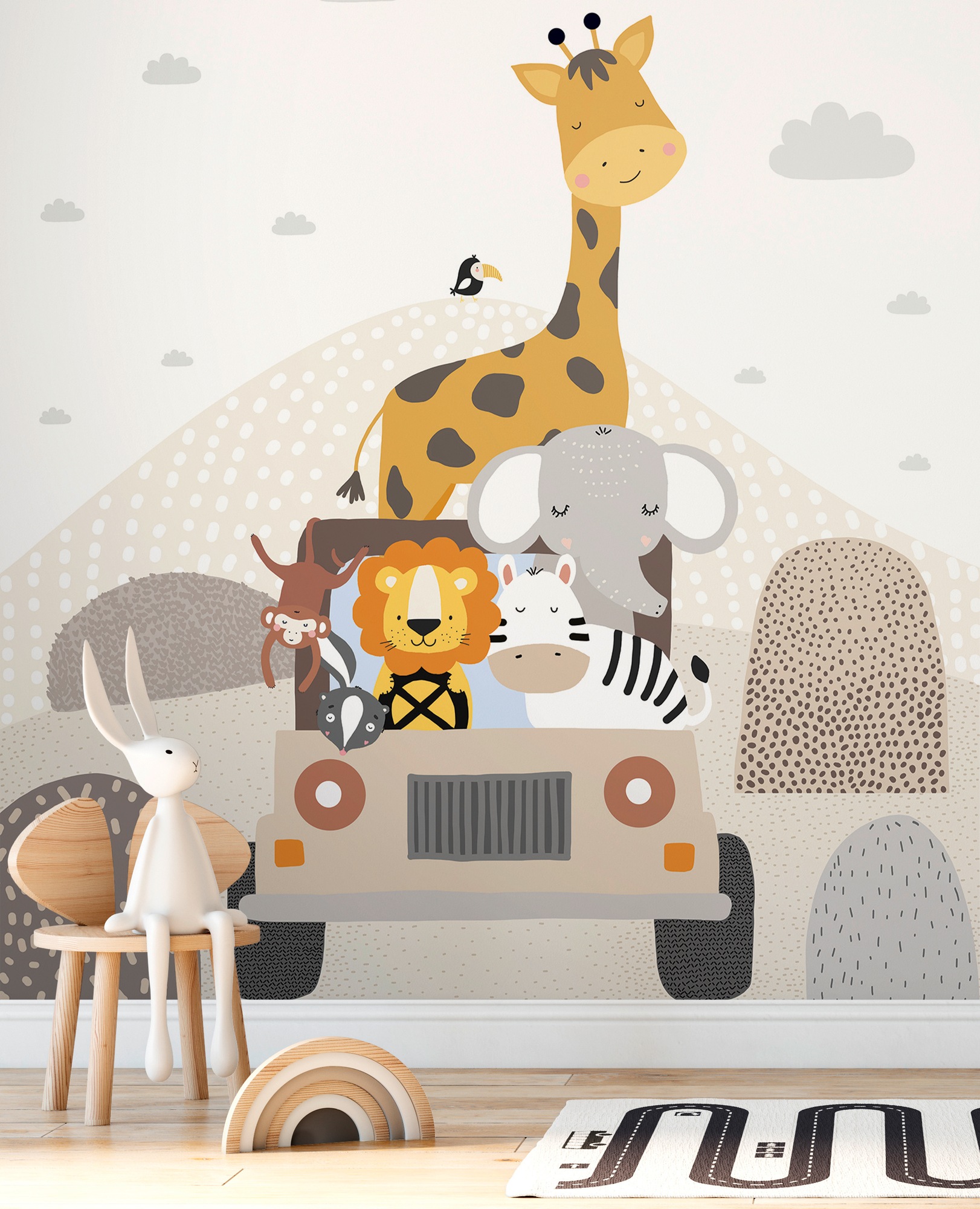Lüttenhütt Fototapete »Kinderzimmer Safari Tiere«, Auto, mit Löwe, Bär, Elefant, Affe und Zebra Beige, Creme