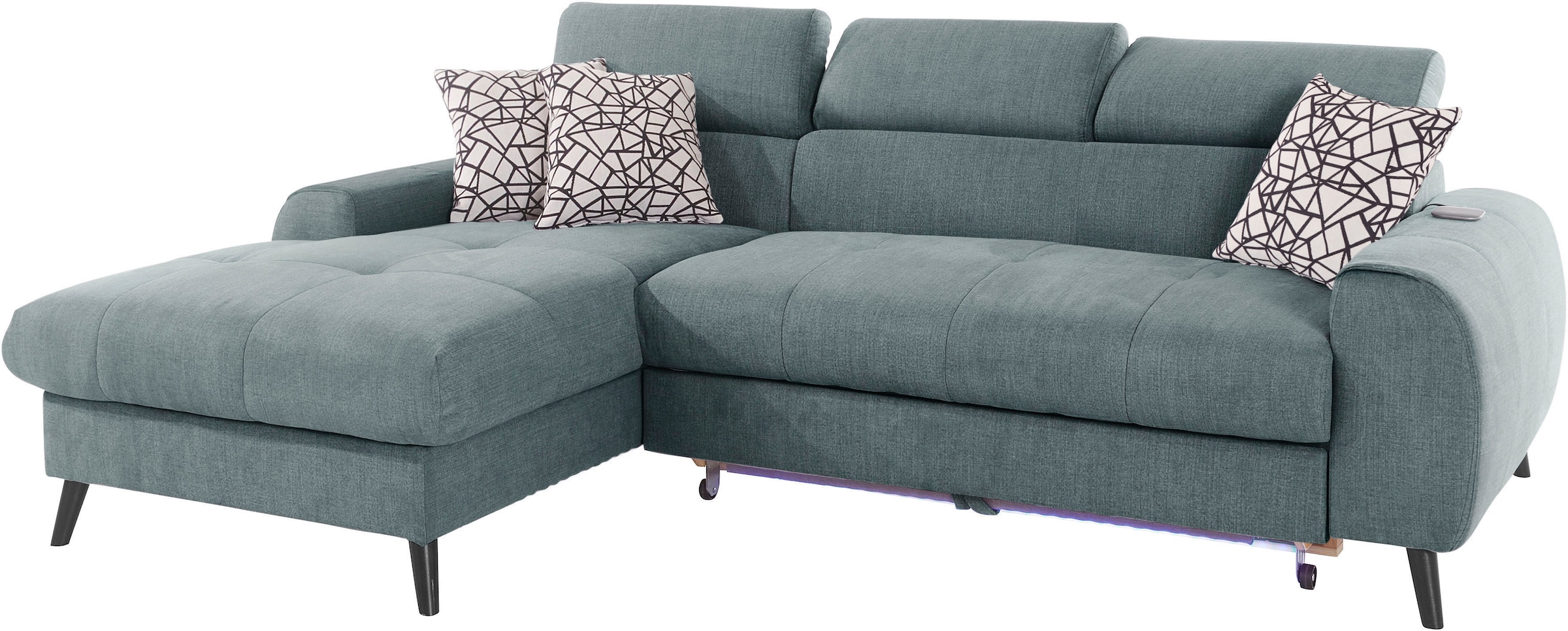 COTTA Ecksofa »Mia L-Form mit 3 Zierkissen«, wahlweise mit Bettfunktion, Bettkasten, Beleuchtung & Wireless-Charger