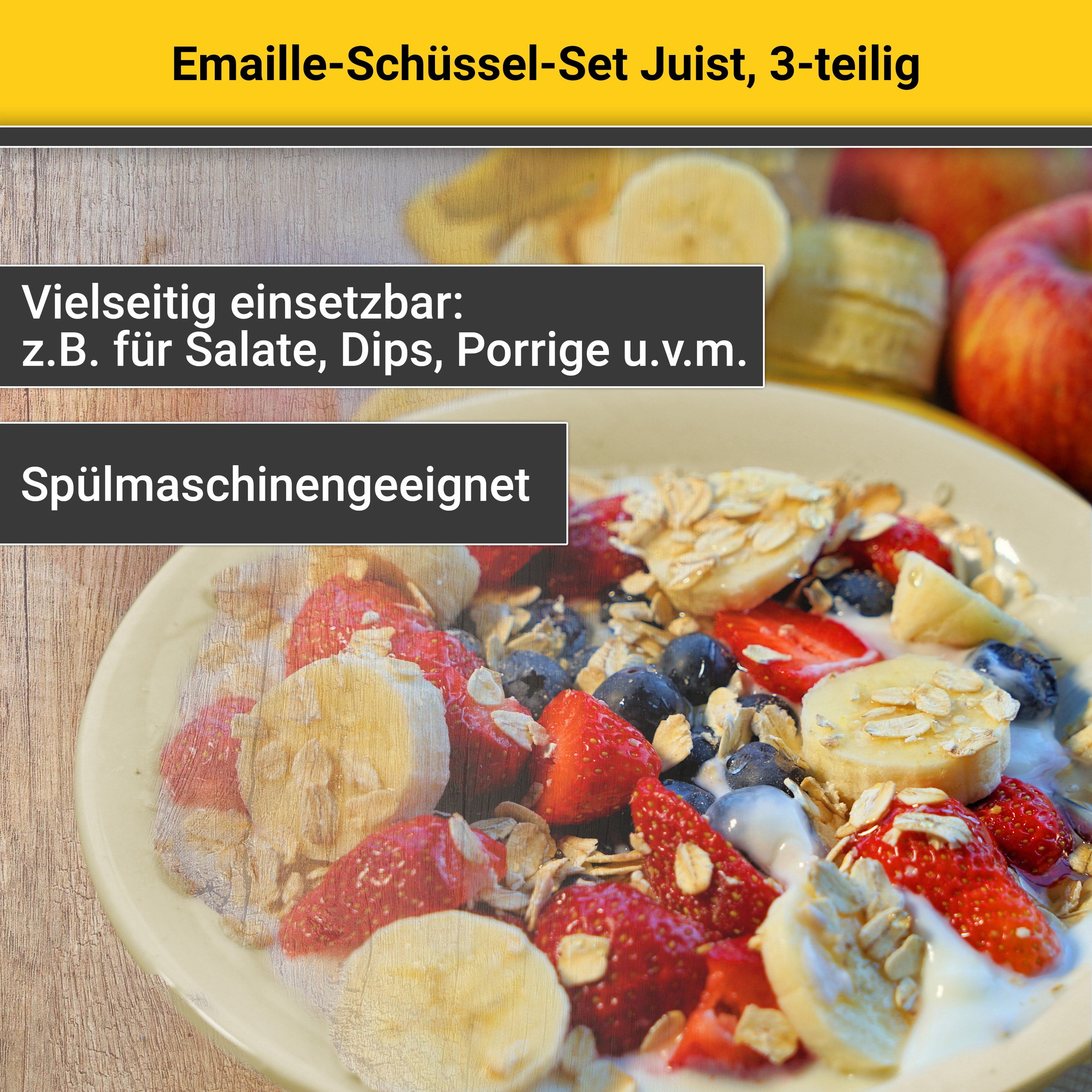 Krüger Schüssel »Emaille Schüssel-Set Juist, 3 tlg. (Ø 20, Ø 24 und Ø 28 cm)« 3 Stk. aus Emaille emailliert, geruchsneutral, geschmacksneutral, kratzfest, schnittfest