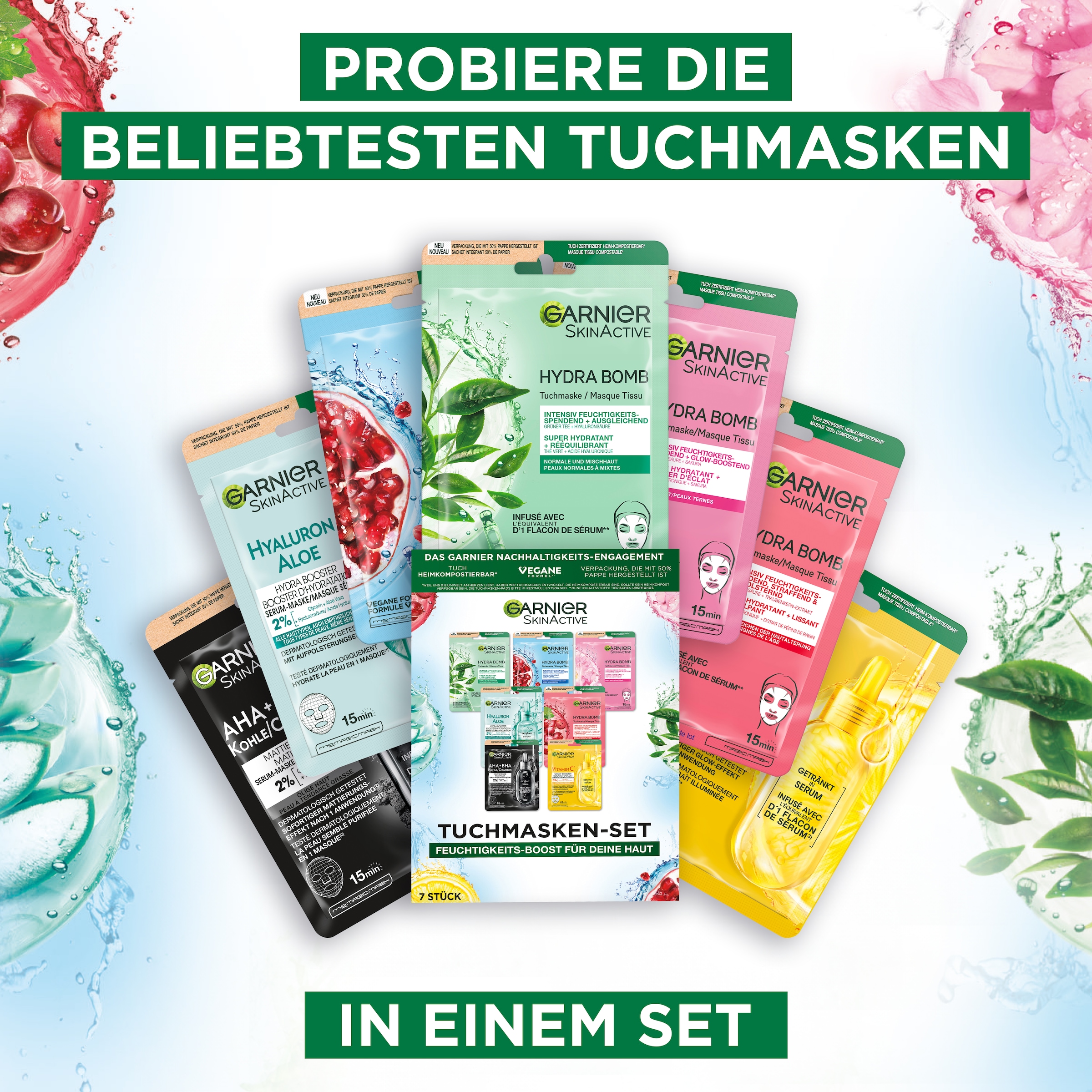 GARNIER Tuchmaske »SKIN ACTIVE TUCHMASKEN-SET« mit sieben regenerierenden Masken, für Gesicht und alle Hauttypen