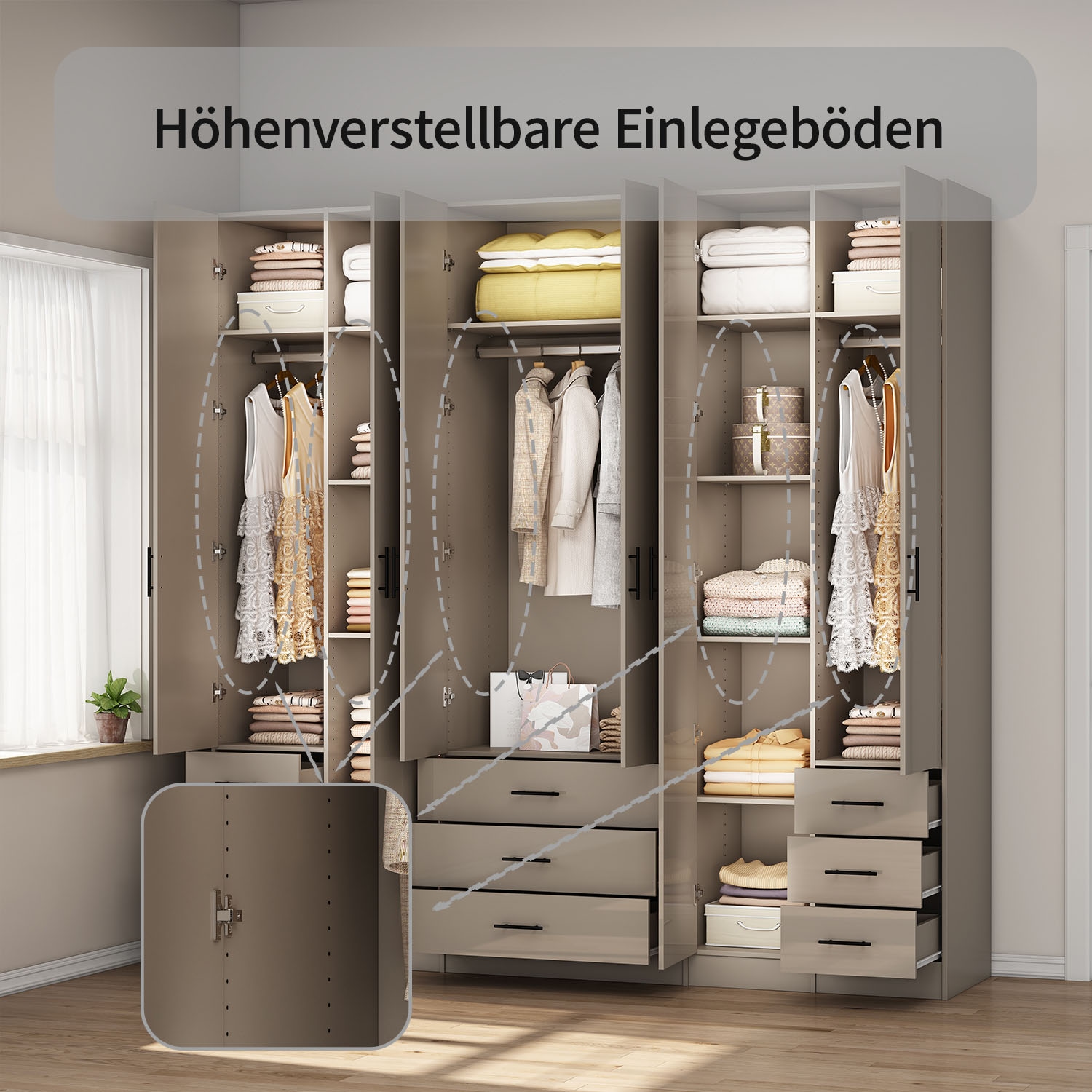 OTTO home Kleiderschrank »Trento Schlafzimmerschrank Garderobe hochglanz« in 2 unterschiedlichen Schrankhöhen wählbar,  Schrank mit 6 Türen und 9 Schubladen, Hochglanz-Fronten, 2,39m Höhe