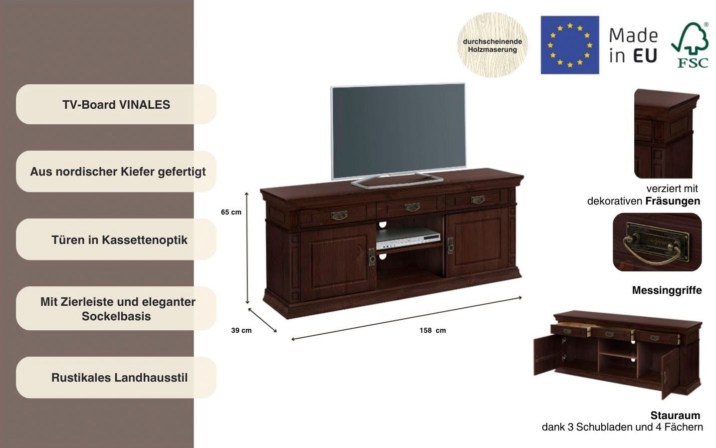 Home affaire TV-Board »Vinales« Breite 158 cm, mit 3 Schubladen
