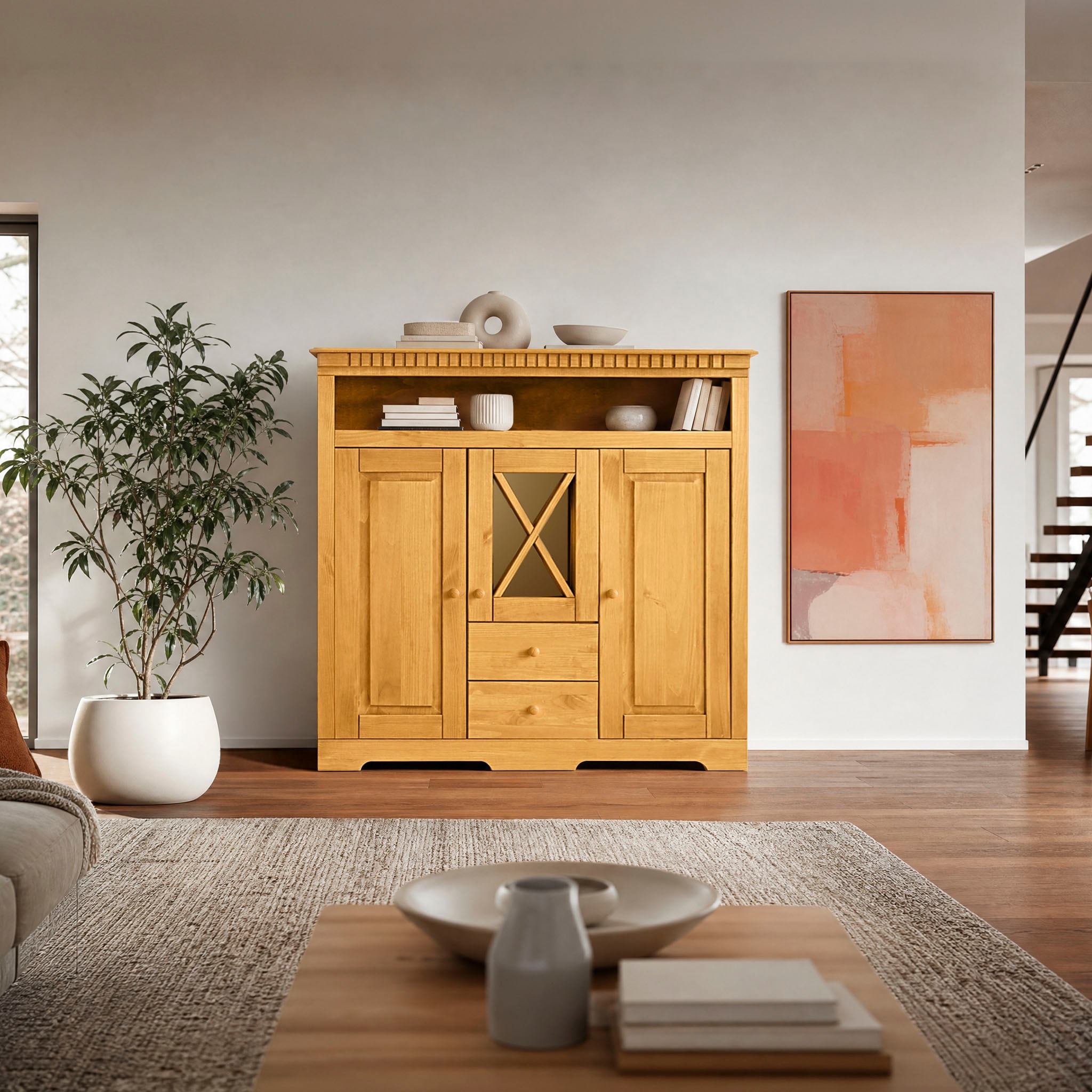 OTTO home Highboard »Lisa Kommode, offene & geschlossene Fächer & dekorative Fräsungen« massives Kiefernholz, 3 Türen, und 2 Schubladen, dekorativen Fräsungen