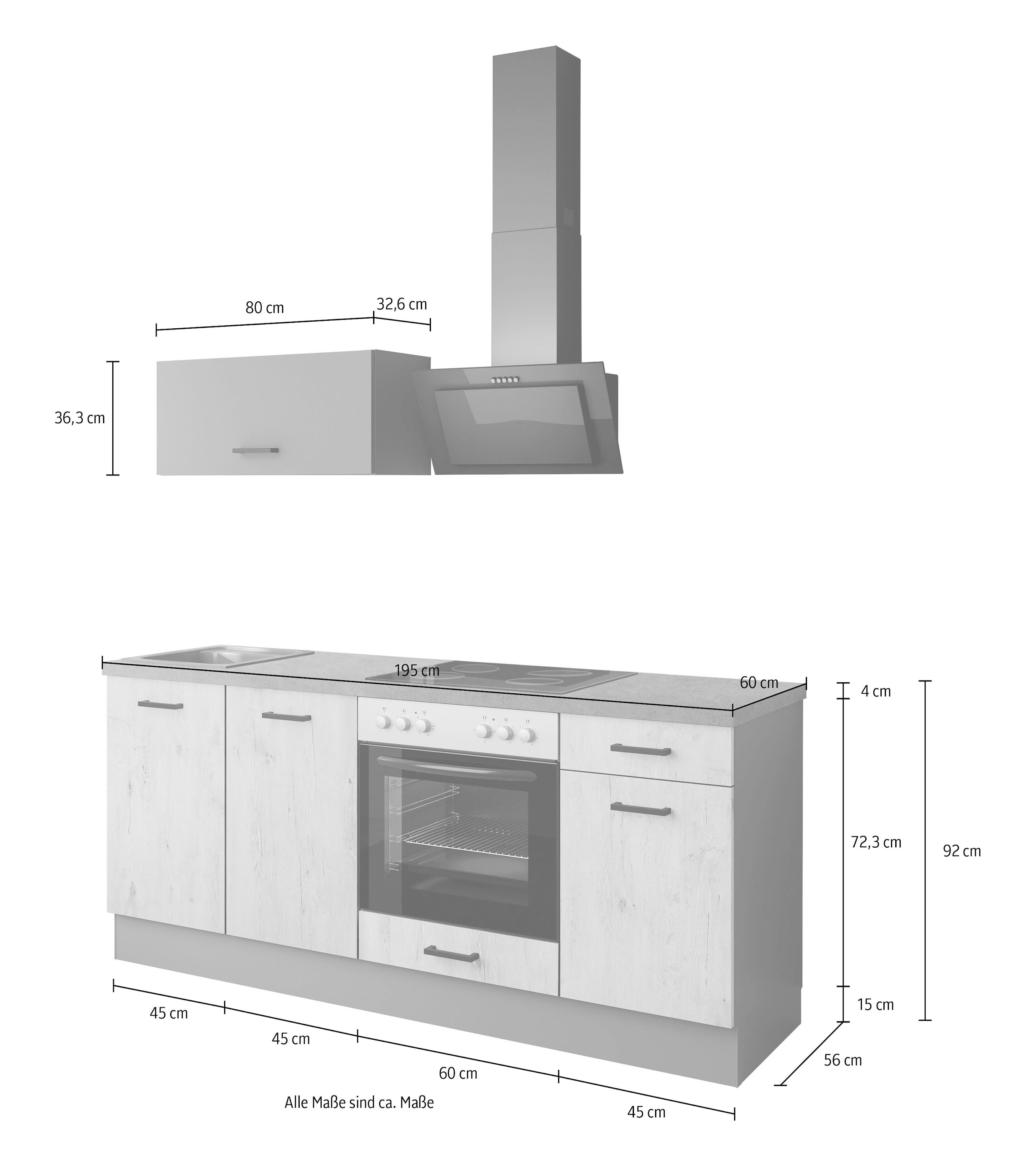 IMPULS KÜCHEN Küchenzeile »"Lissabon", Ausrichtung wählbar, Schubkästen mit Soft-Close,«, (Set), vormontiert, wahlweise mit E-Geräten, mit Vollauszug, Breite 195 cm