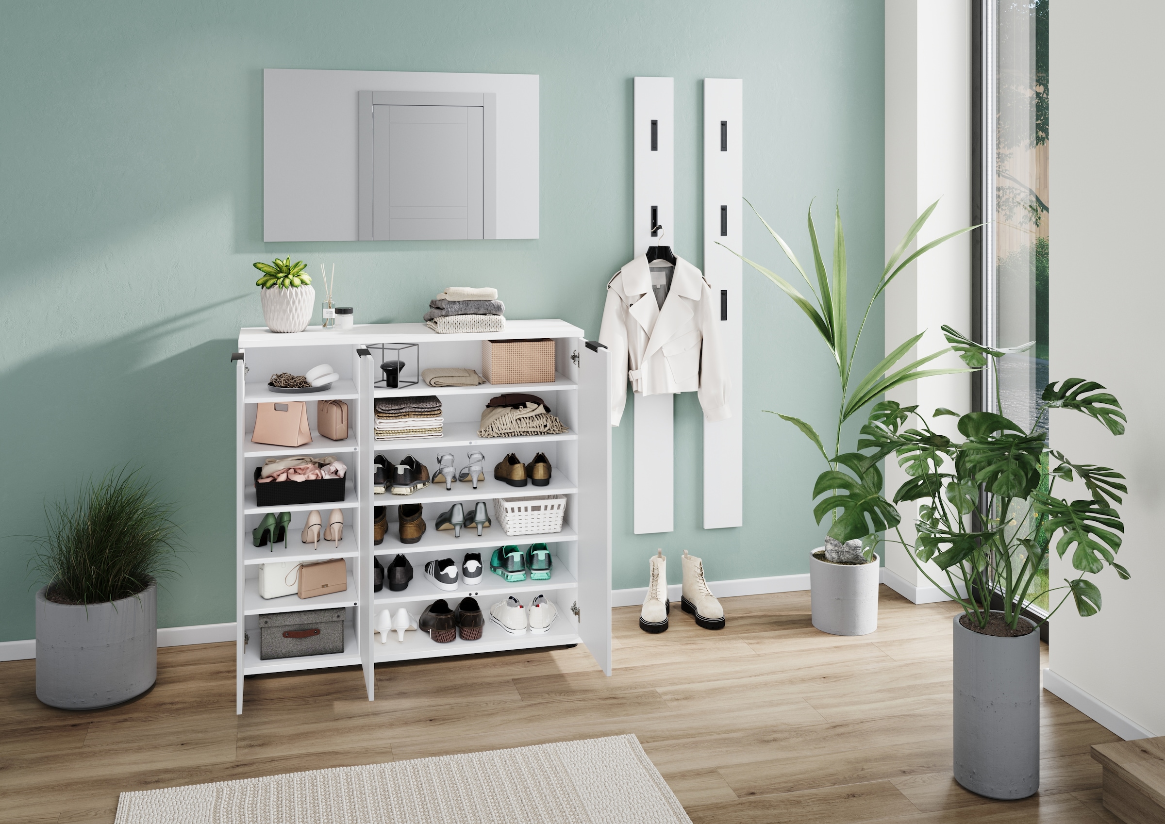 GERMANIA Garderoben-Set »Stanton«, (4 St.), Garderoben-Set bestehend aus 1 Schuhschrank, 1 Spiegel und 2 Paneelen