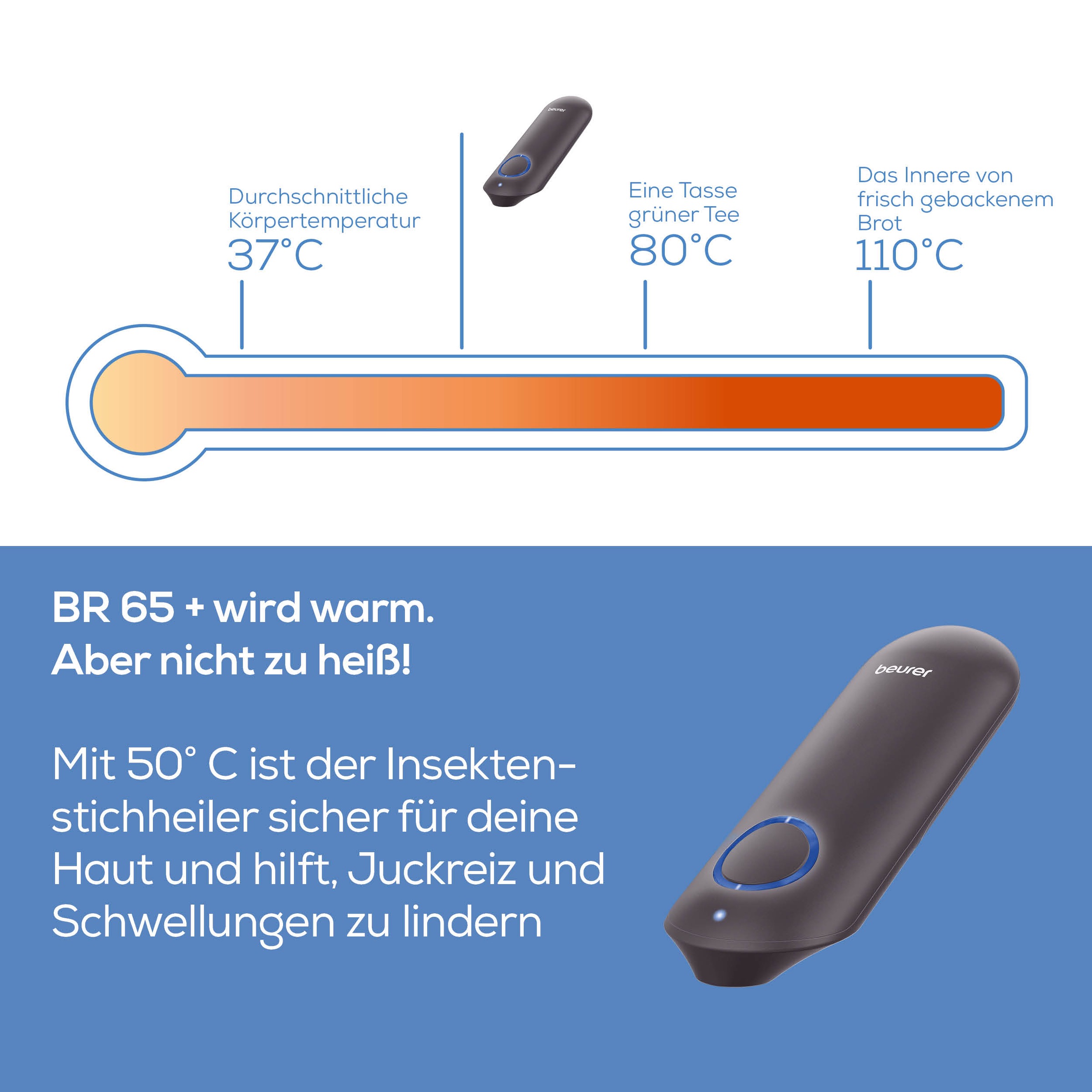 BEURER Insektenstichheiler »BR 65+ Insektenstichheiler, Behandlung von Insektenstichen- und bissen« Kann Juckreiz lindern, ohne chemische Stoffe, klein und handlich
