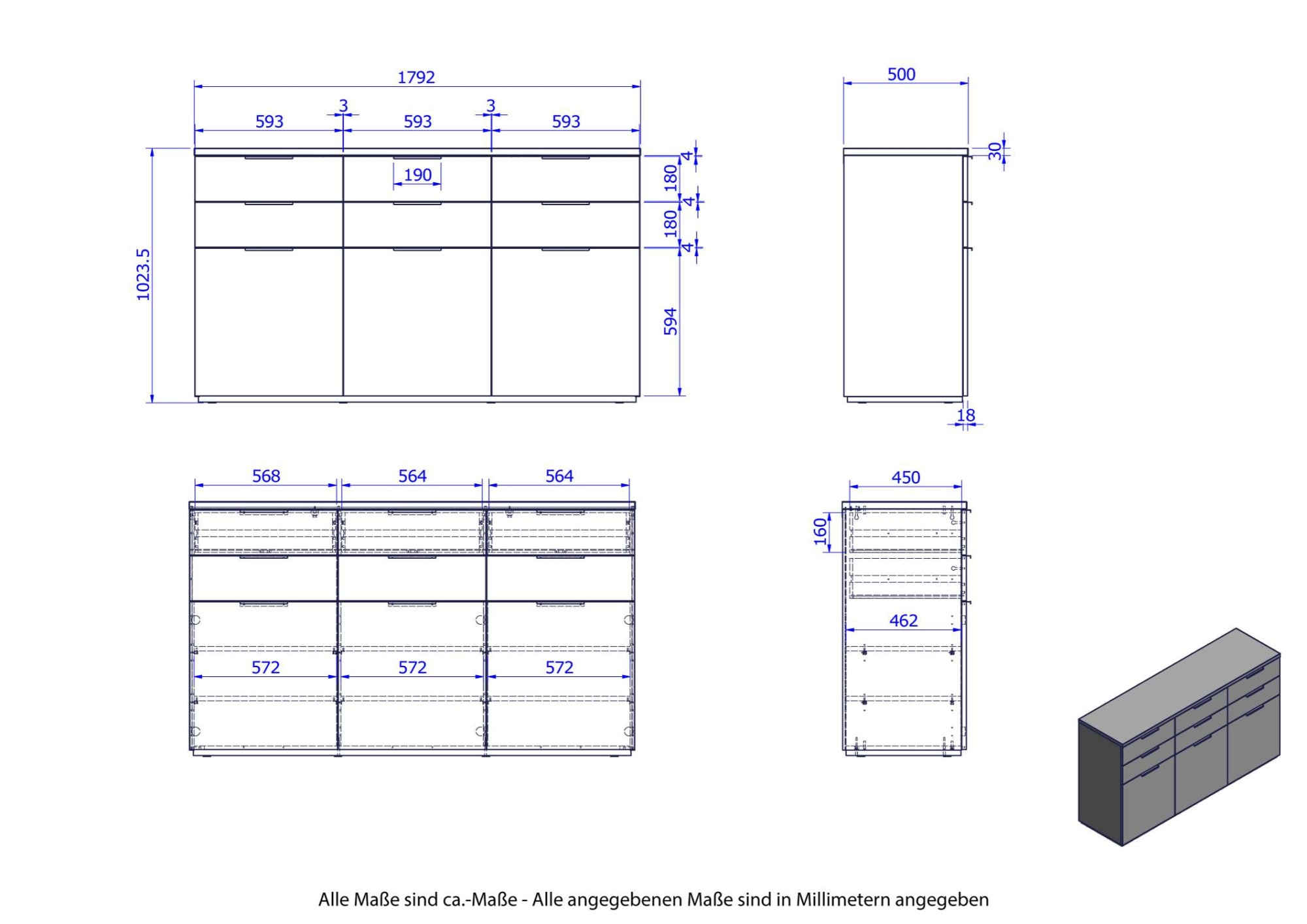 Composad Sideboard »Mundi, Lowboard, TV-Board, TV-Kommode, Fernsehschrank«, (1 St.), mit Schubladen und Türen in Hochglanz lackiert, in 2 Breiten