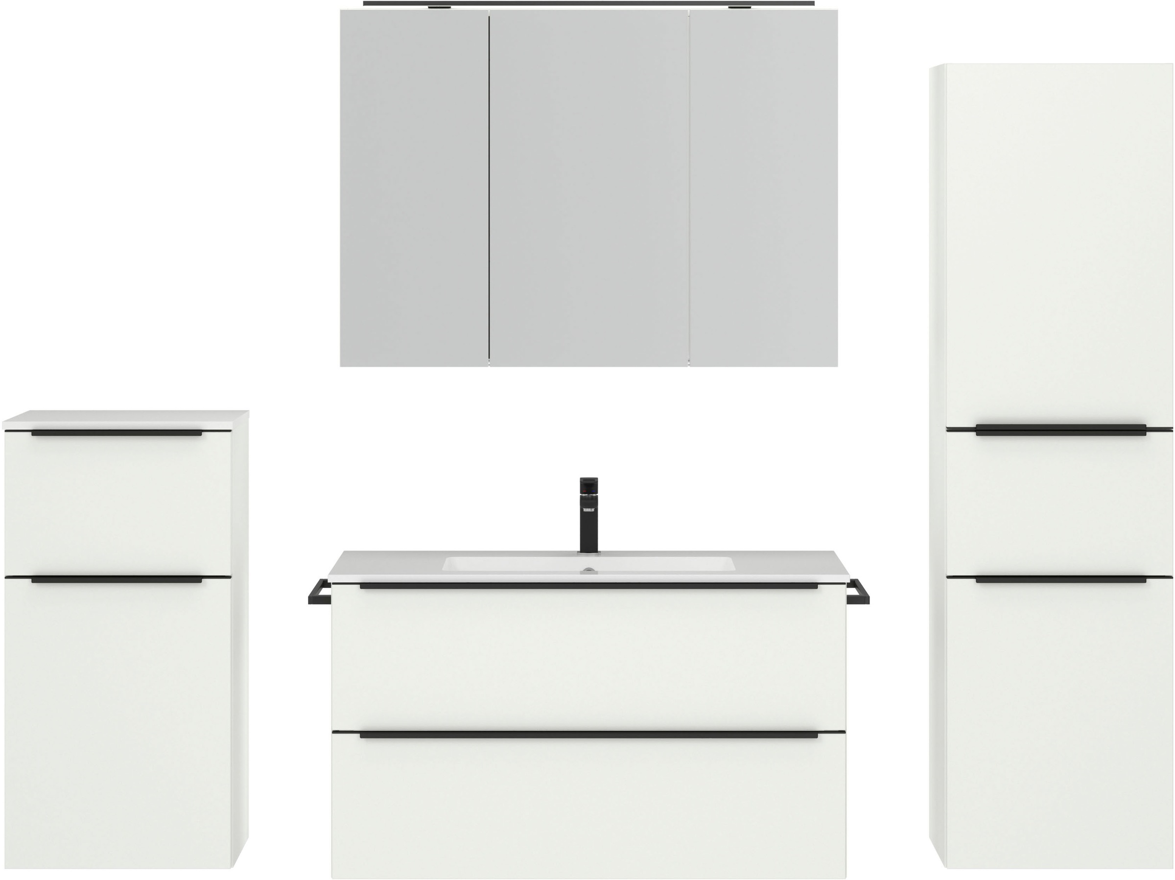 nobilia® Badmöbel-Set »Levere«, (4 St., vormontiert, mit Soft-Close), inkl. Spiegelschrank mit Beleuchtung und Dimmerfunktion, in 4 Breiten