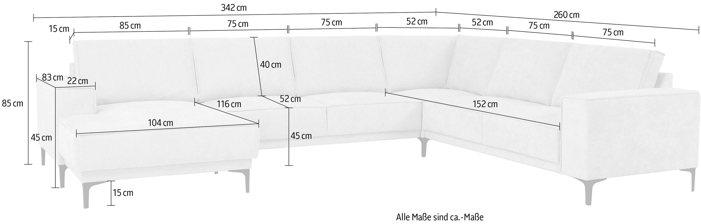 Places of Style Wohnlandschaft »XXL Sofa Oland, Struktur, Flachgewebe, Luxus-Microfaser, Boucle«, U-Form, 342 cm, Wellenunterfederung, Skandi-Design, Metallfüße