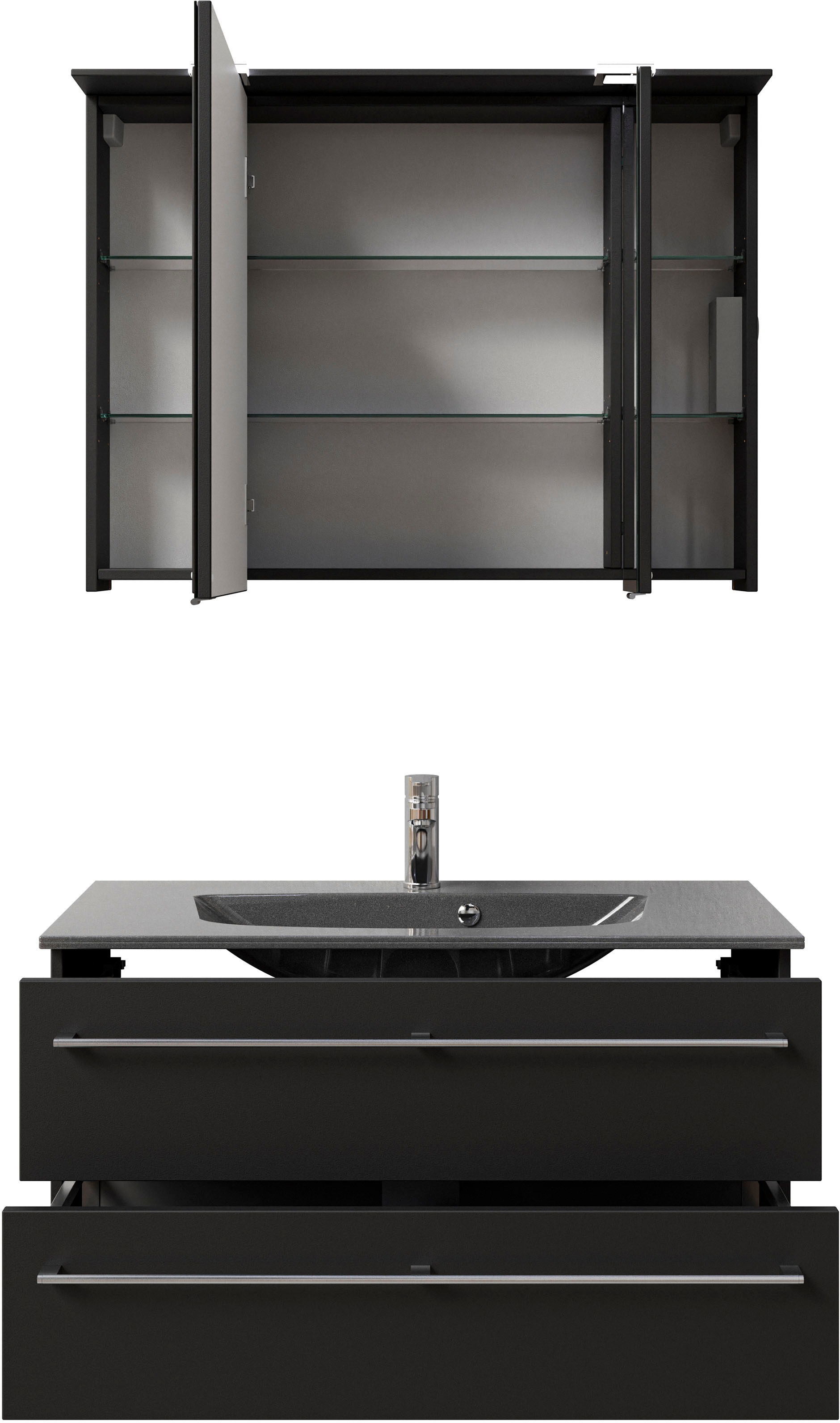 Saphir Badmöbel-Set »Serie 6025 2-teilig Mineralmarmor-Waschtisch mit LED-Spiegelschrank«, (2 St.), Waschplatz 97 cm breit, 2 Schubladen, 3 Spiegel-Türen, inkl Türdämpfer