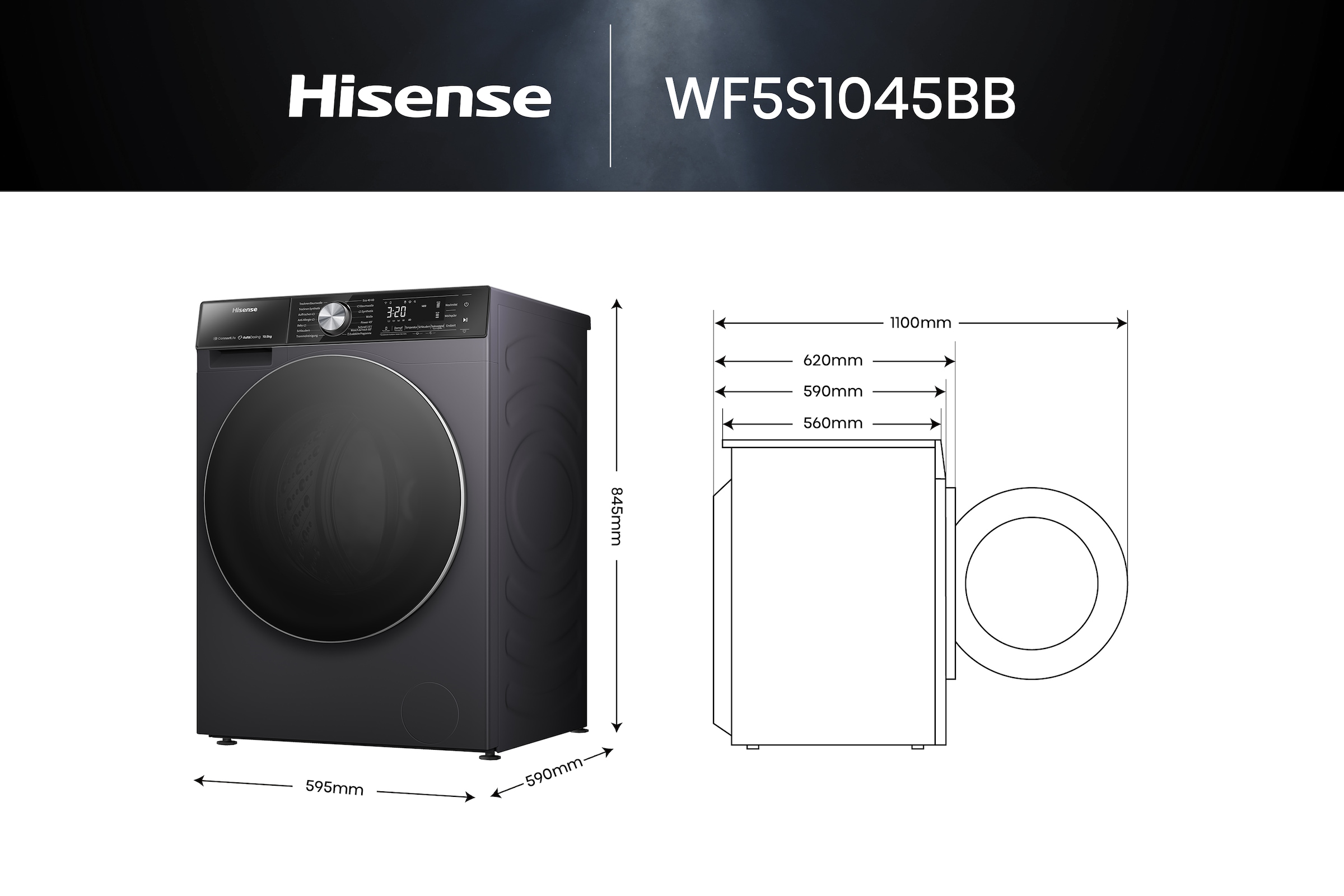 Hisense Waschmaschine »WF5S1045BB«, 10,5 kg, 1400 U/min, AutoDosing