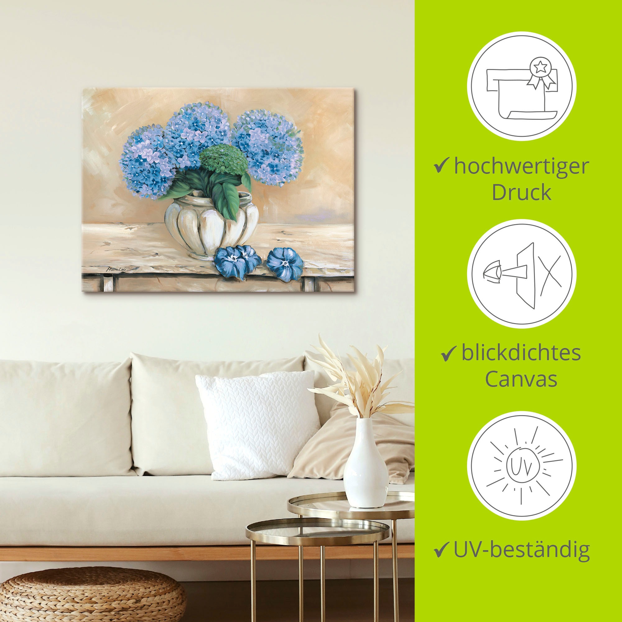 Artland Leinwandbild »Blaue Hortensien«, Blumen, (1 St.), auf Keilrahmen gespannt