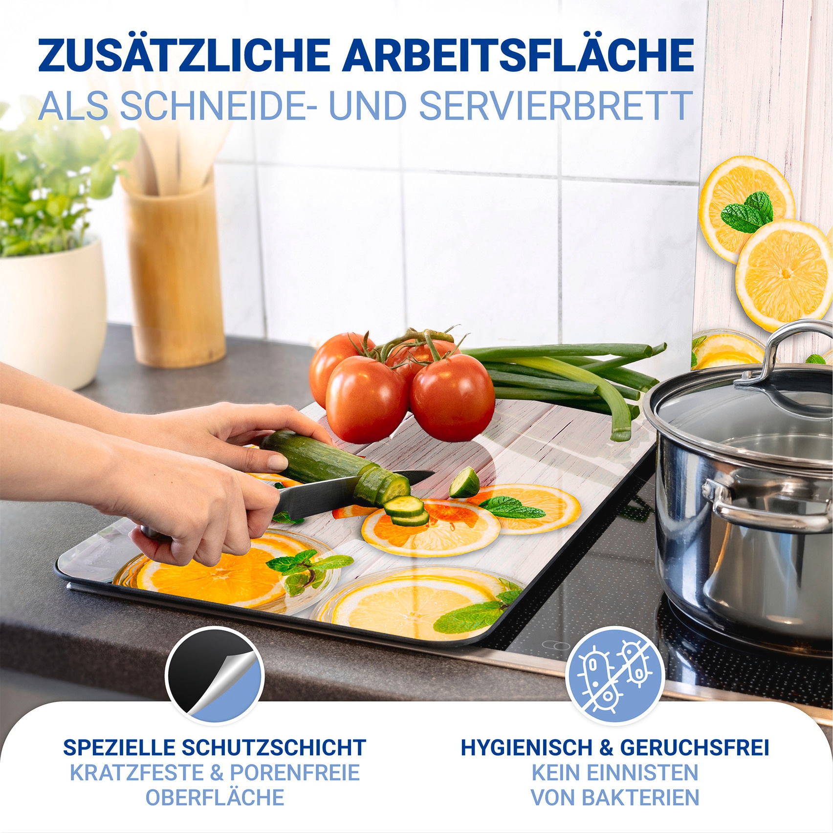 WENKO Herd-Abdeckplatte »Universal Modell Zitronen«, (Set, 2 tlg.), Herdabdeckung für alle Herdarten, kratzfest, mit rutschfesten Füßen
