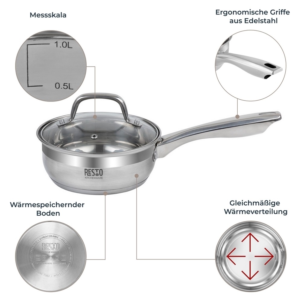RESTO Kitchenware Kasserolle »Libra, Soßentopf 1,4 l, energiesparend und spülmaschinenfest«, Edelstahl 18/10, (2 tlg.), mit hitzebeständigem Glasdeckel und Griff