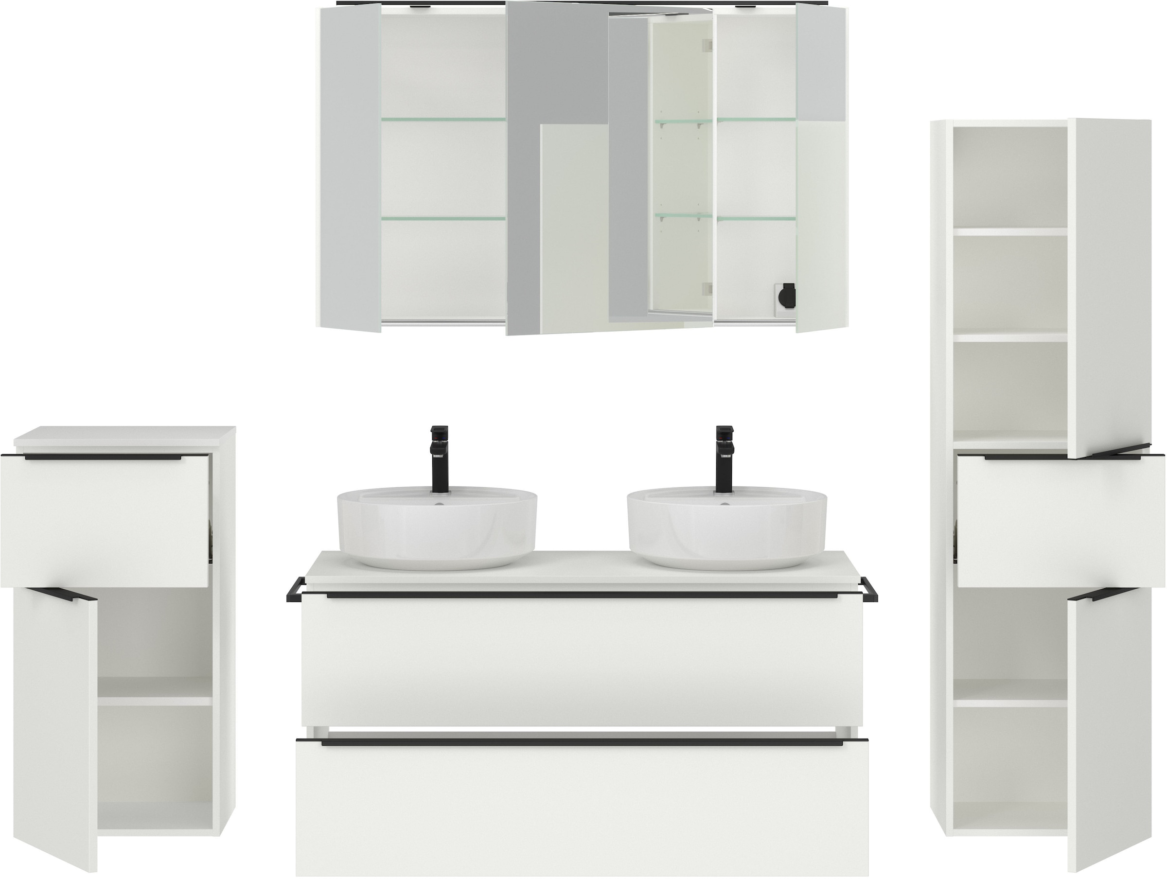 nobilia® Badmöbel-Set »Alvene«, (4 St., vormontiert, mit Soft-Close), inkl. Spiegelschrank mit Beleuchtung und Dimmerfunktion, in 4 Breiten