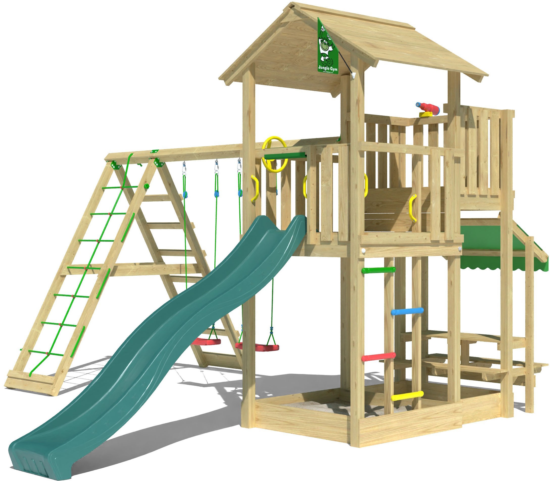 Jungle Gym Spielturm »Veranda«, (Set), Spielanlage mit Schaukel, Kletterbock und Rutsche mit Wasseranschluss