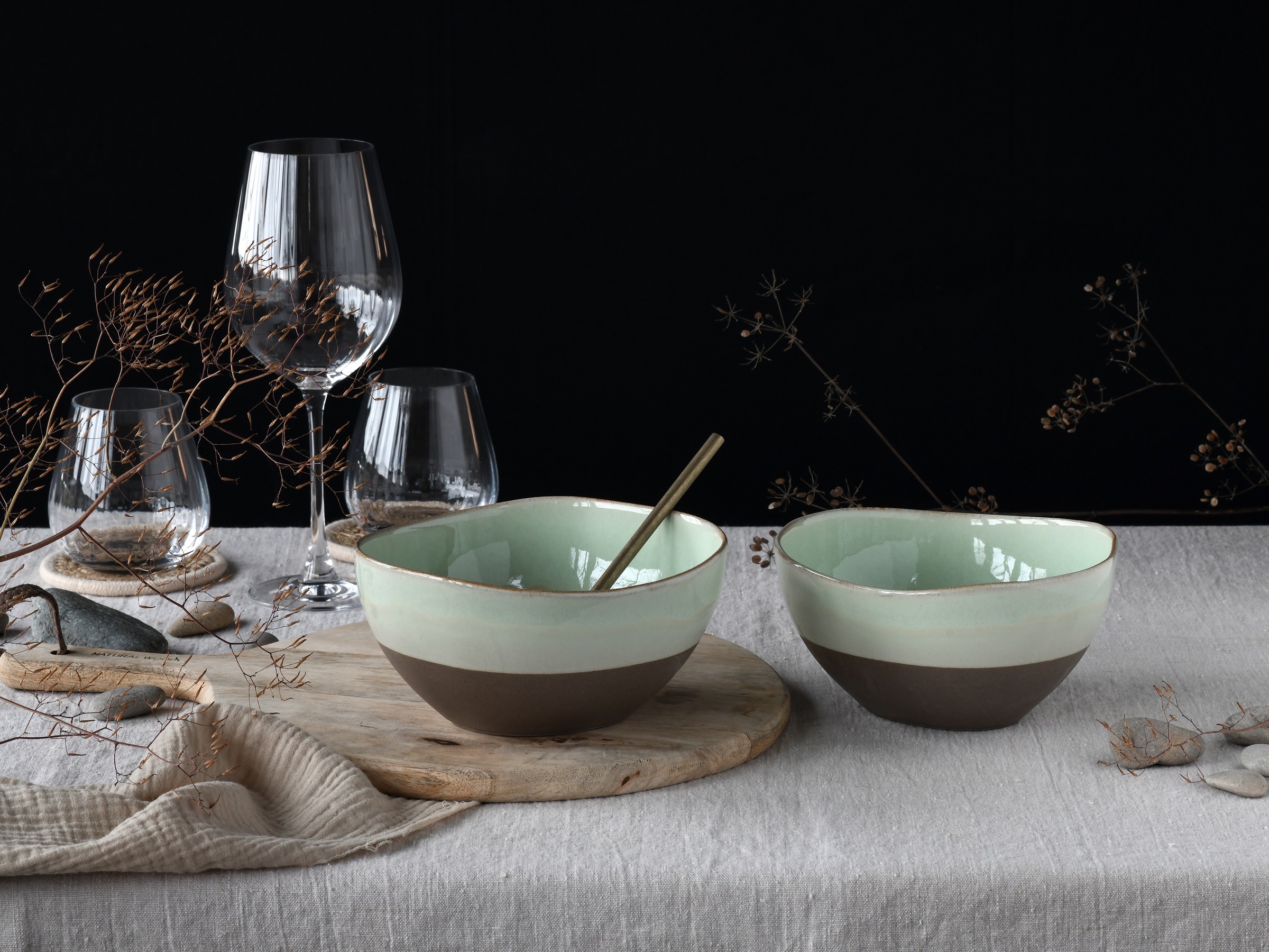 CreaTable Schale »Basalt Bio, Poke Bowl 18 cm 2-tlg«, 2 tlg., aus Steinzeug, Organische Form, Jedes Teil ein Unikat