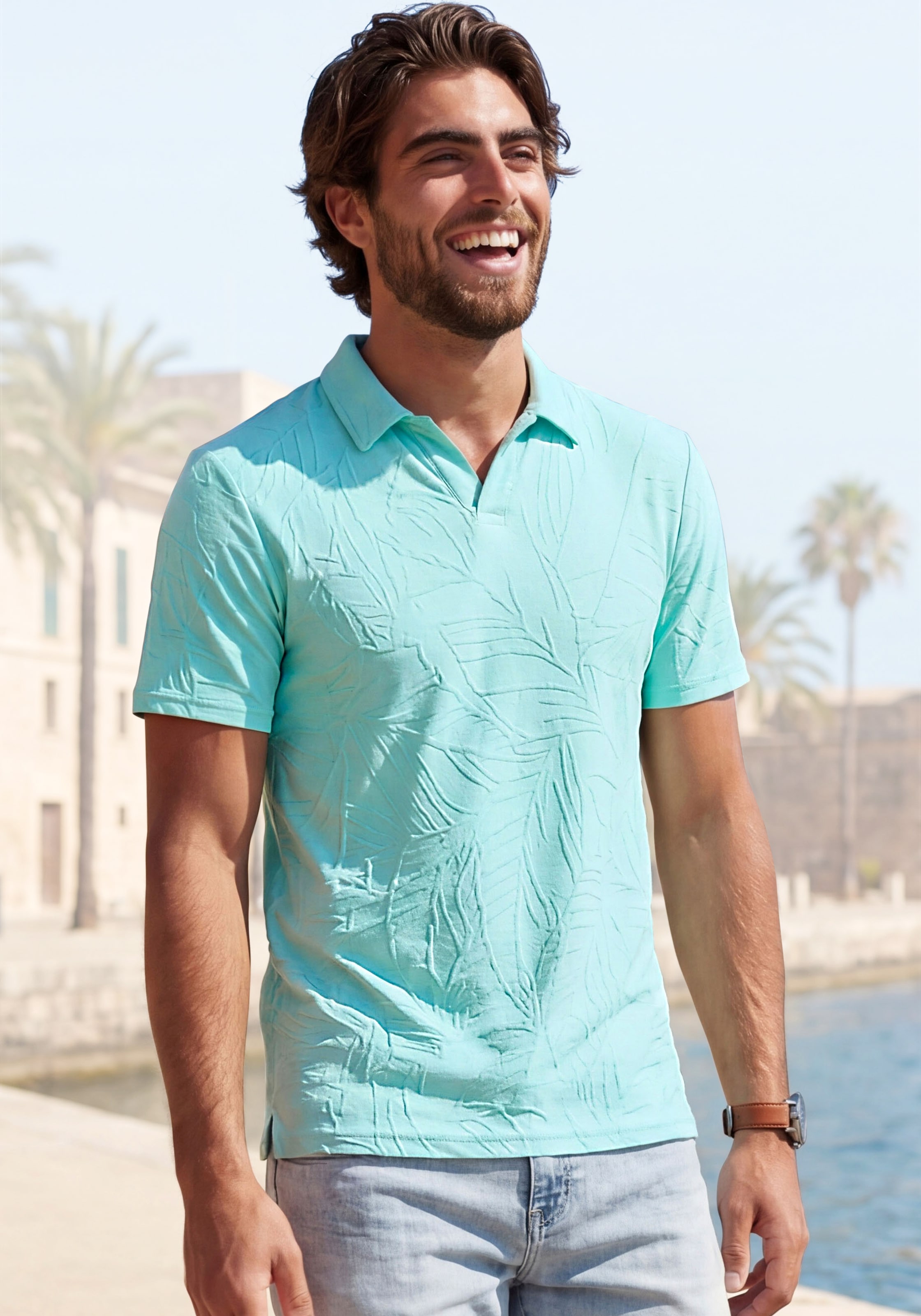 Beachtime Poloshirt », sommerliches T-Shirt mit modischen Blätter-Design« neue Strukturqualität im Blätter-Design