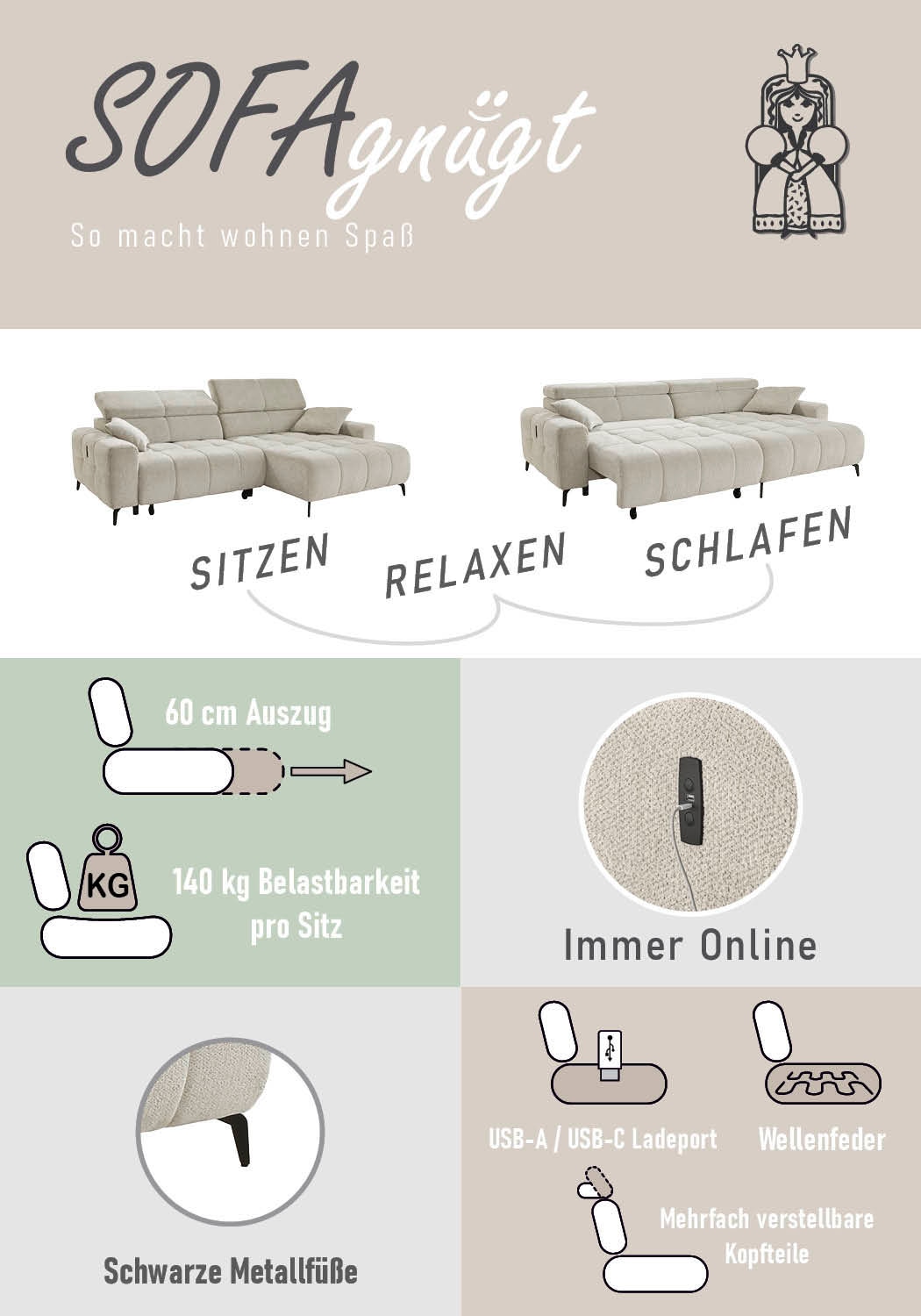 Jockenhöfer Gruppe Ecksofa »Racer L-Form, B: 290 cm, 60 cm elektrische Sitztiefenverstellung« USB-Ports, Kopfstützen verstellbar, Zierkissen, bis 140 kg/Sitz