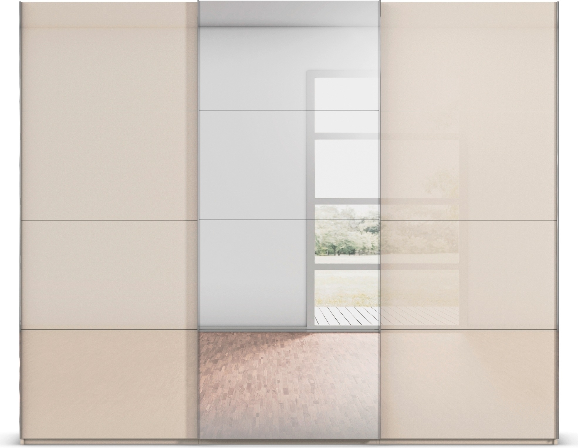 rauch Schwebetürenschrank »Kleiderschrank Schrank Garderobe Schlafzimmerschrank SCALE-FYRA«, edle viergeteilte Türen Spiegel/Glas-Mix viele Farben MADE IN GERMANY