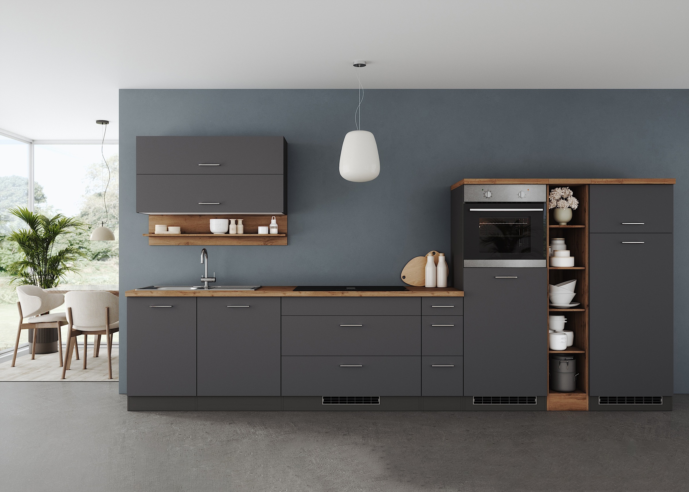 KOCHSTATION Küchenzeile »KS-Milan, optional mit Muldenlüfter« Breite 390 cm, wahlweise mit E-Geräten, Kochfeld mit Dunstabzug