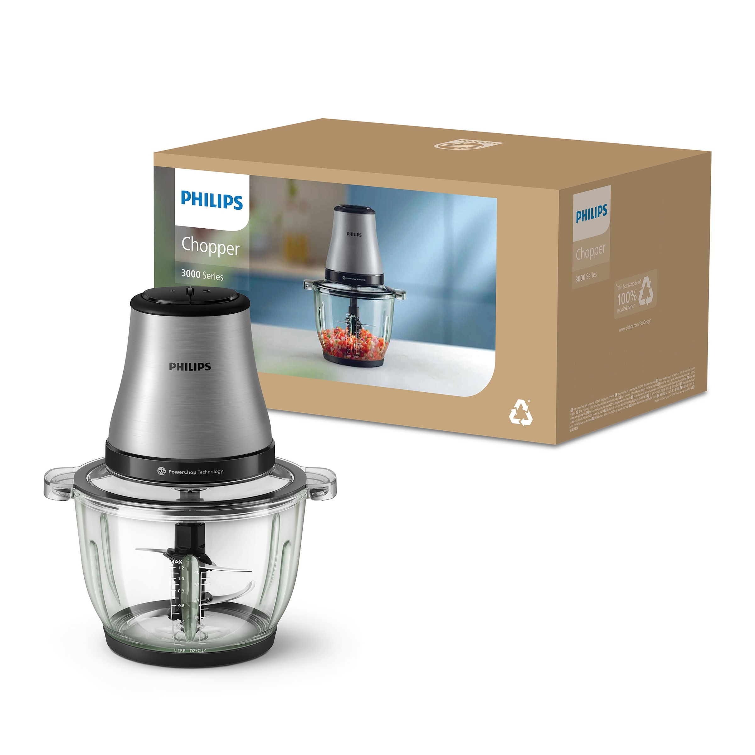 Philips Zerkleinerer »HR1503/00 3000 Series mit  PowerChop Technologie« 450 W 2L Glassschüssel, Edelstahl