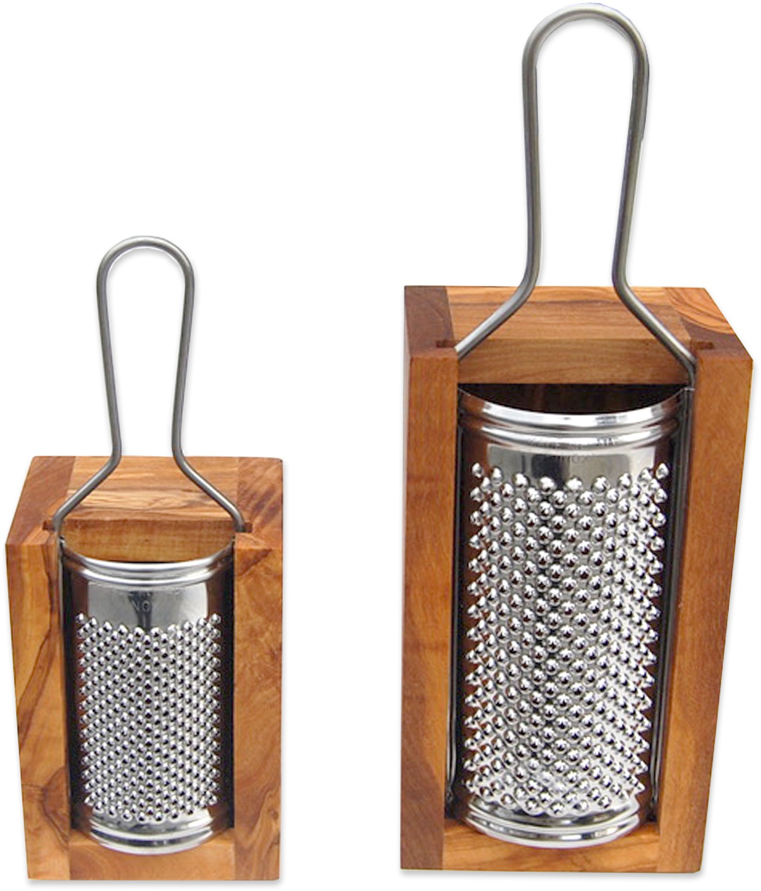 Olivenholz-erleben Käsereibe »für Hartkäse, aus Edelstahl mit Olivenholzbox«, (Set, 2 St., Metallreibe Edelstahl mit Auffangbox aus Olivenholz), Metallreibe aus Edelstahl, Auffangbox aus Olivenholz, auch für Muskat
