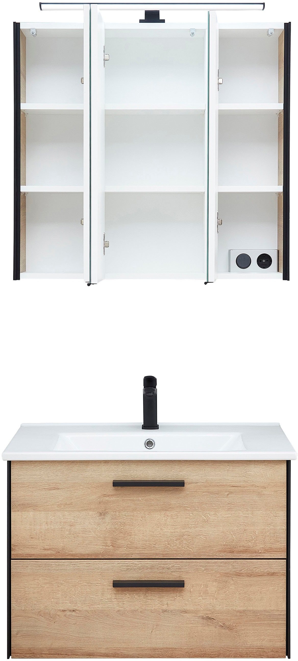 Saphir Badmöbel-Set »Quickset 395 2-teilig, Keramik-Waschtisch mit LED-Spiegelschrank«, (2 St.), Waschplatz 75 cm breit, 3 Türen, 2 Schubladen, Bad-Set