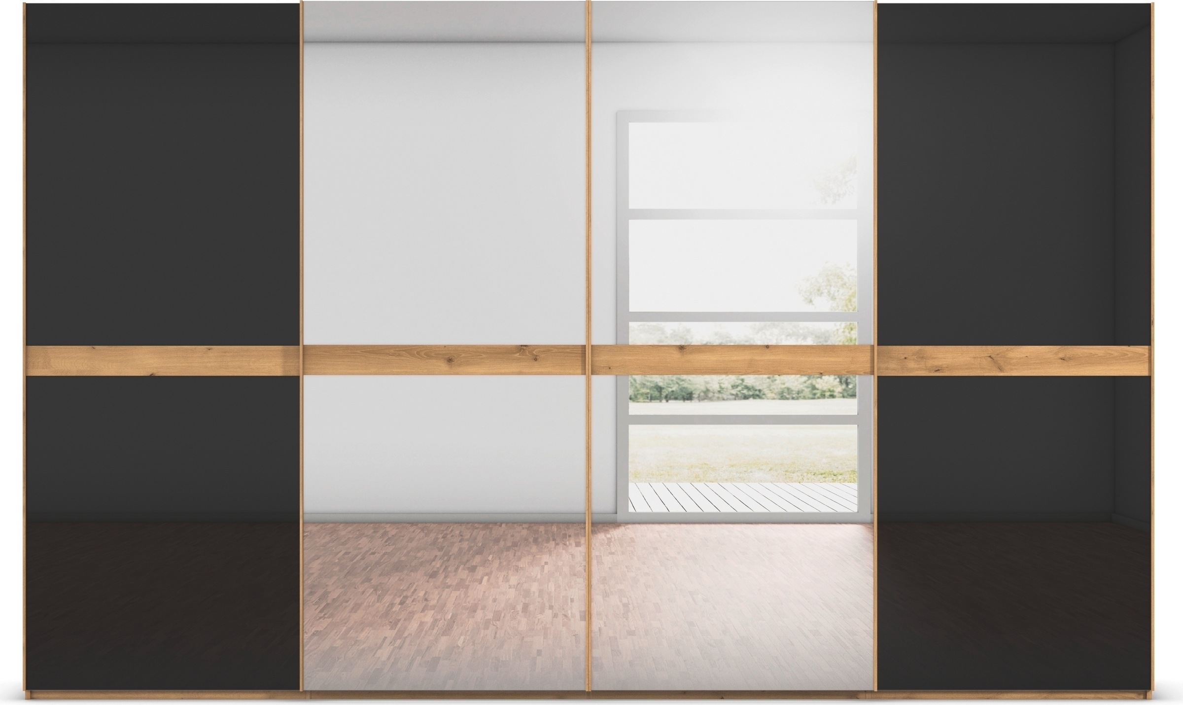 rauch Schwebetürenschrank »Kleiderschrank Schrank Garderobe Schlafzimmerschrank SCALE-LINE«, edle Optik mit Bauchbinde mit Glas/Spiegel-Front MADE IN GERMANY