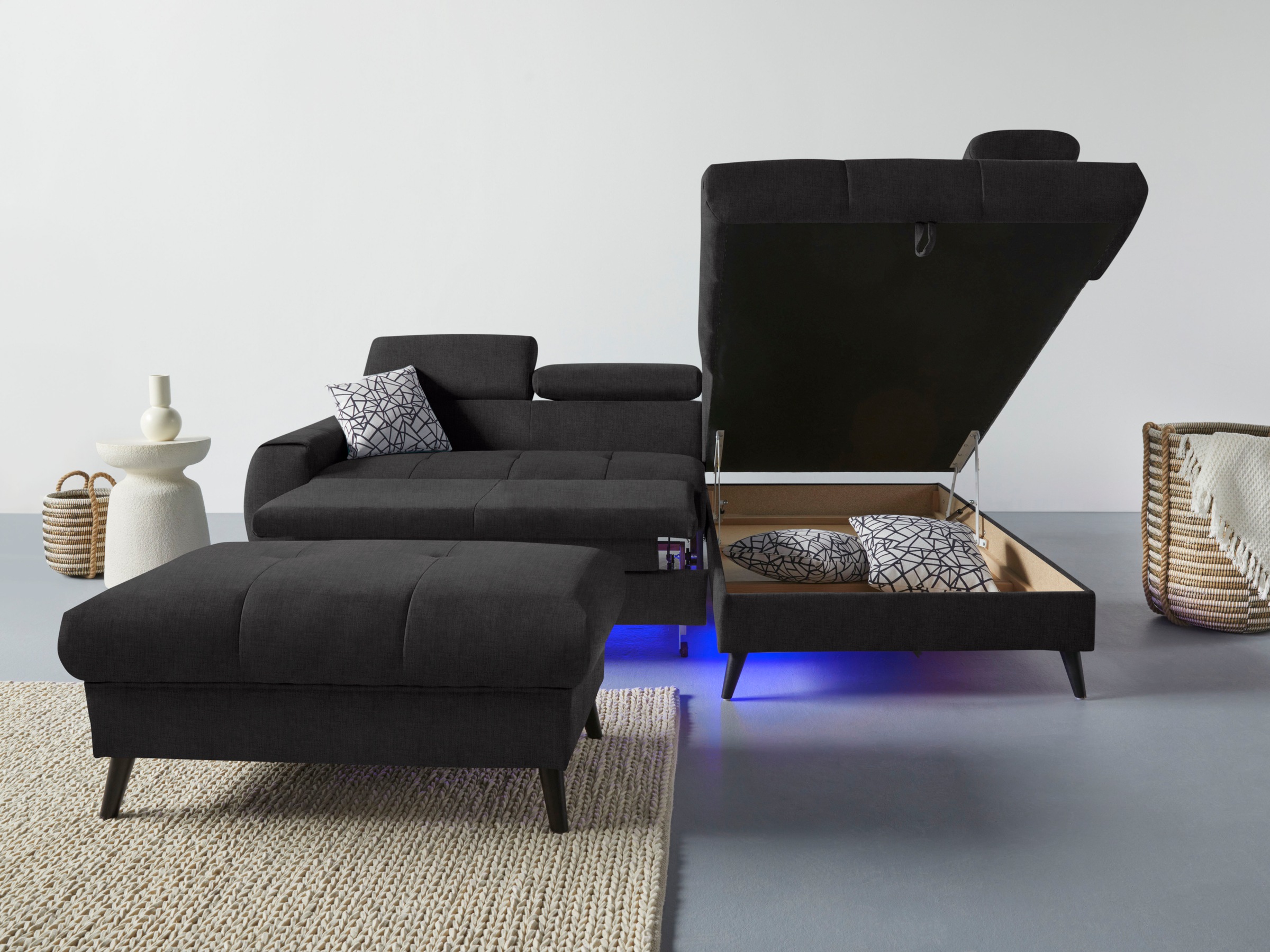 COTTA Ecksofa »Mia L-Form mit 3 Zierkissen«, wahlweise mit Bettfunktion, Bettkasten, Beleuchtung & Wireless-Charger