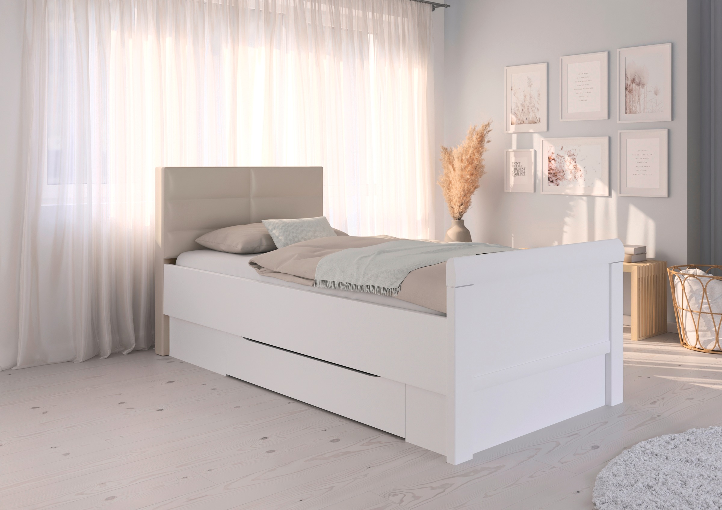 rauch Stauraumbett »Bett Einzelbett Stollenbett Bettkästen EVELYN«, in Komforthöhe mit Polsterkopfteil sowie Schubladen MADE IN GERMANY