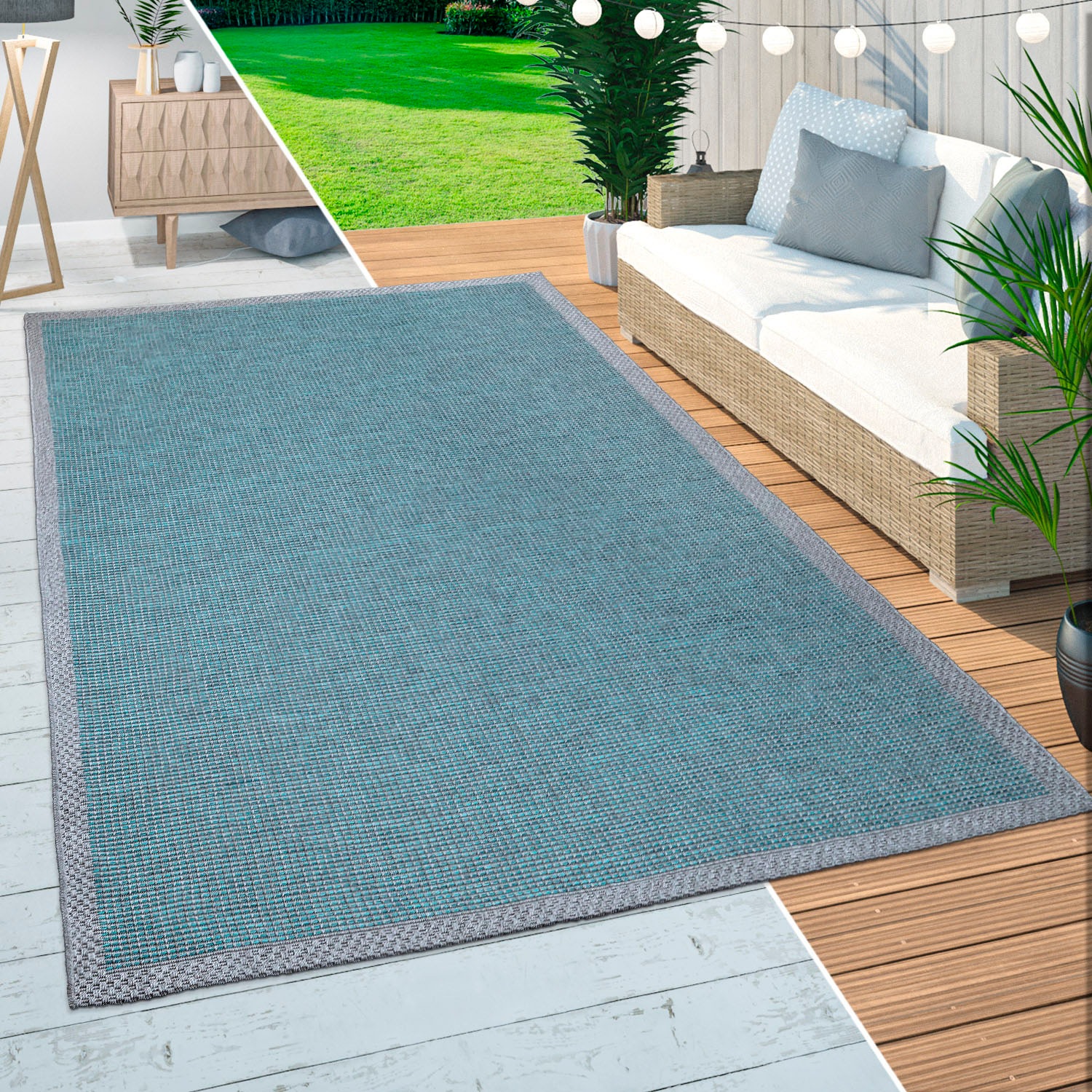 Paco Home Teppich »Quebec 135«, rund, 4 mm Höhe, Flachgewebe, meliert, mit Bordüre, In- und Outdoor geeignet