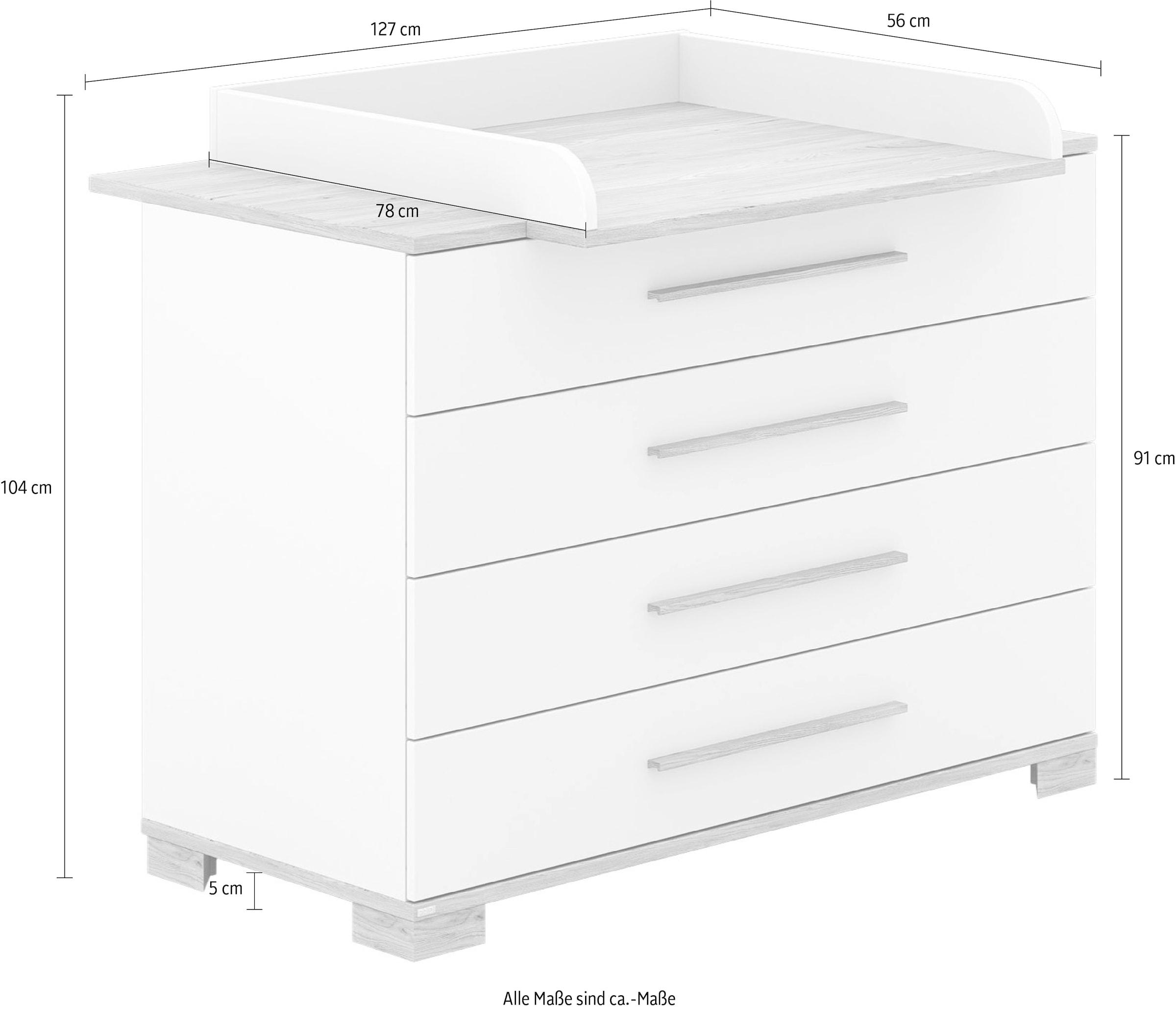 PAIDI Wickelkommode »YOLANDA in Weiß mit Eiche-Dekor, inkl. Wickelaufsatz, Spar-Set« bis 50 kg 4 Schubladen mit Soft-Close, 127 cm Breite, hochwertiger Wickeltisch 127 cm